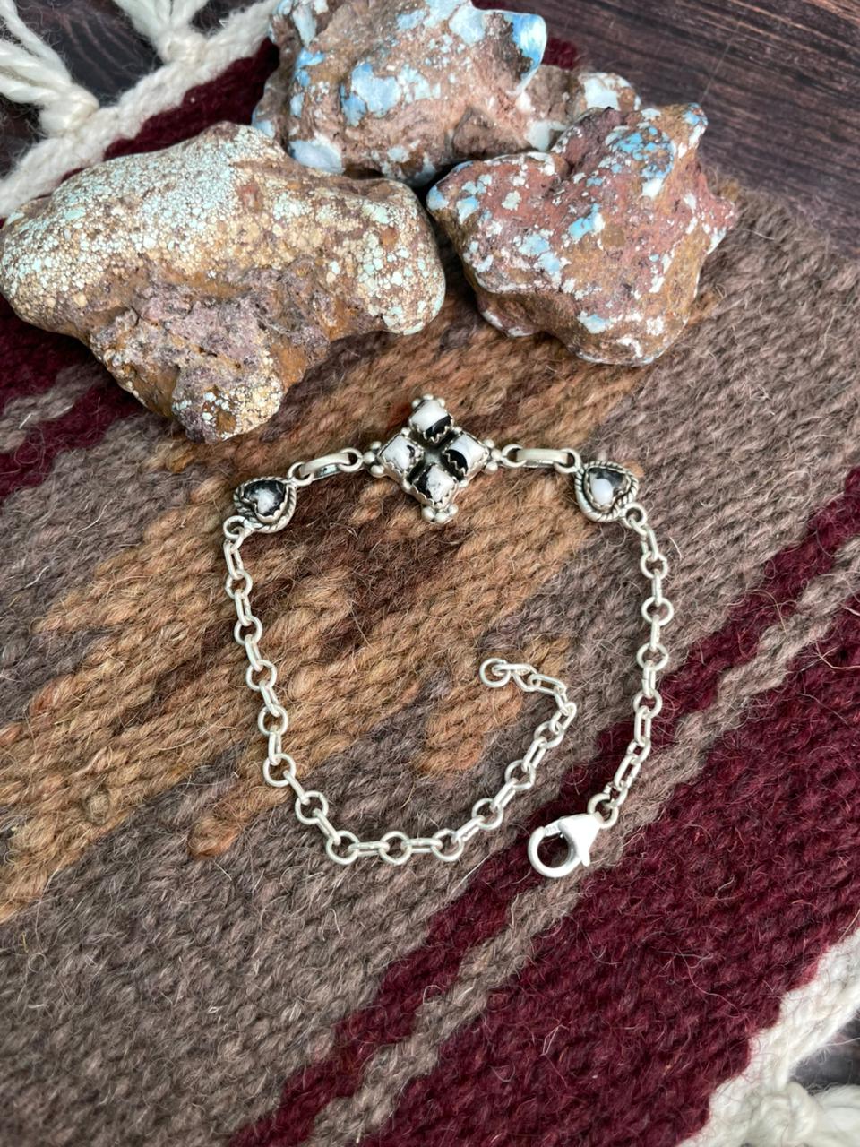 Handmade Sterling Silver White Buffalo Chain Bracelet "Signed Nizhoni"