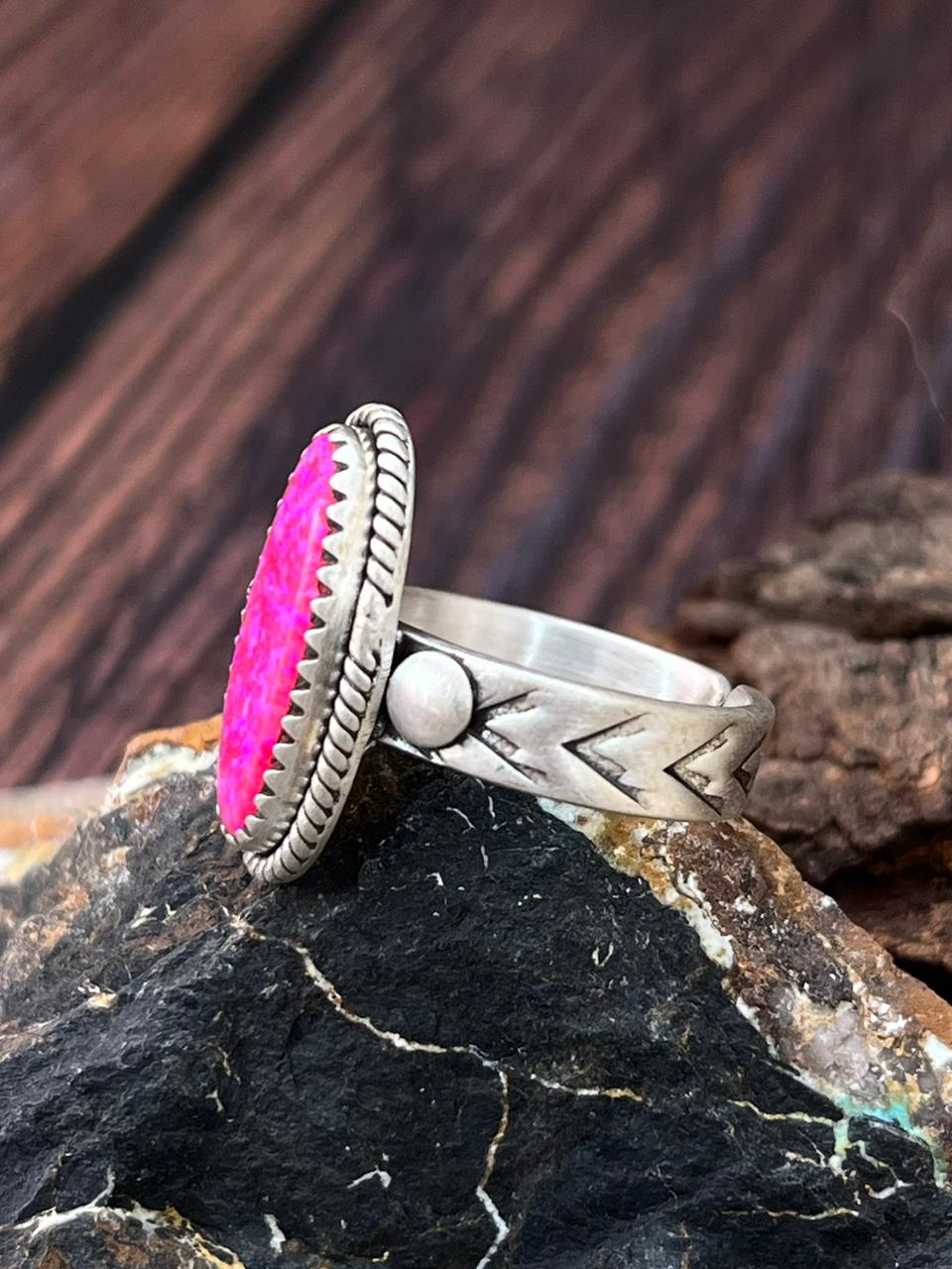 Handmade Sterling Silver Hot Pink Adjustable Ring "Signed Nizhoni"