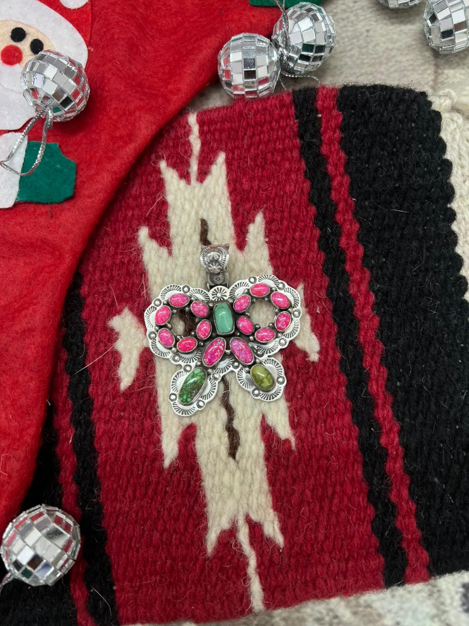 "Christmas Collection" Handmade Sterling Silver Hot Pink with Sonoran Mountain Turquoise Pendant "Signed Nizhoni"