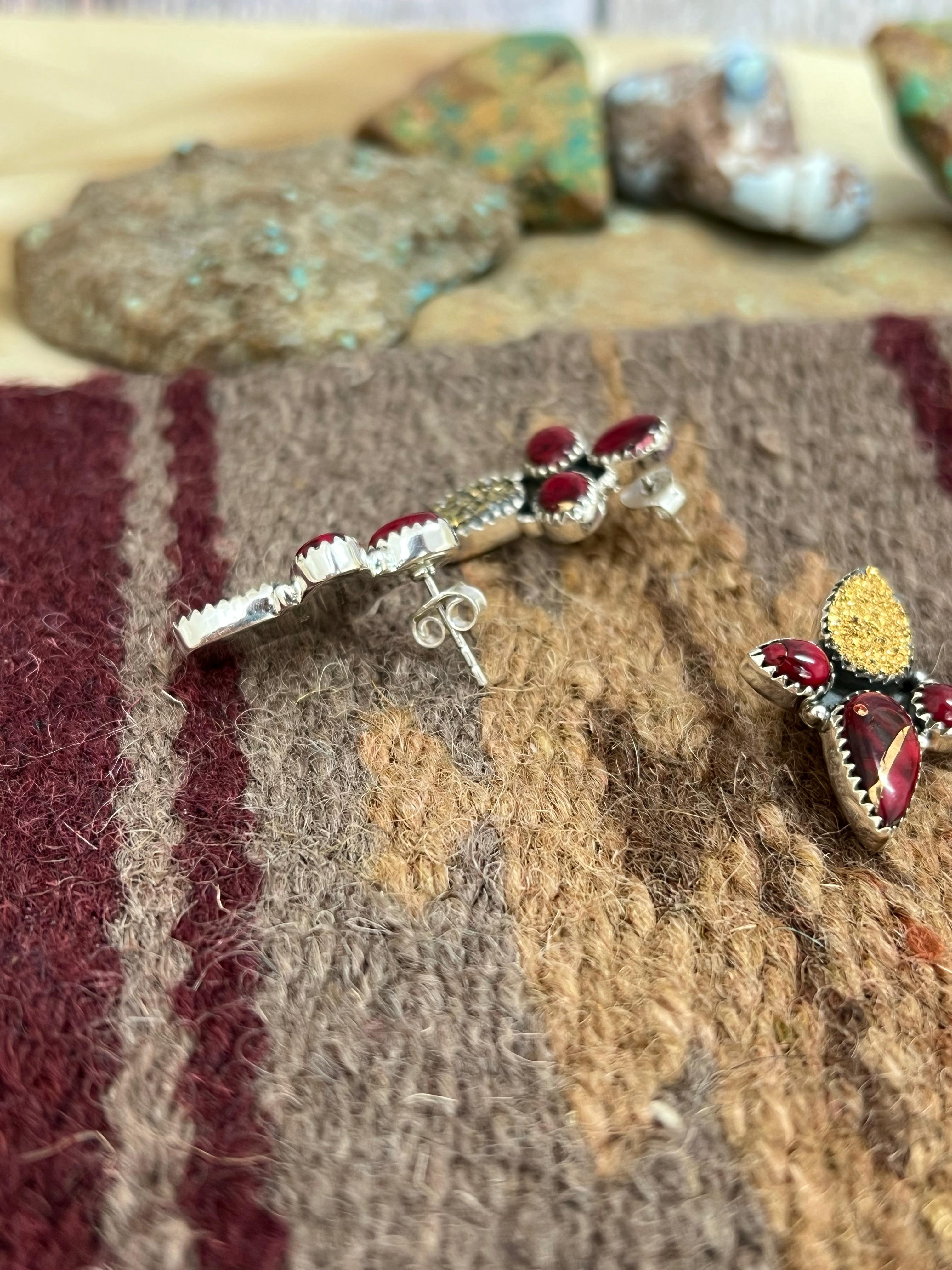 Handmade Sterling Silver Dahlia Rose with Druzy Studs, Signed Nizhoni