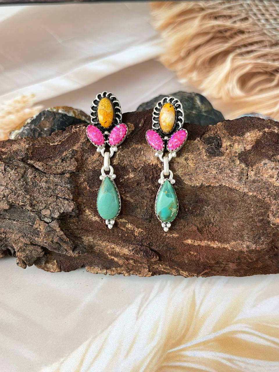 Handmade Sterling Silver Spring Collection: Hot Pink with Bumblebee and Kingman Post Dangle Earrings "Signed Nizhoni"