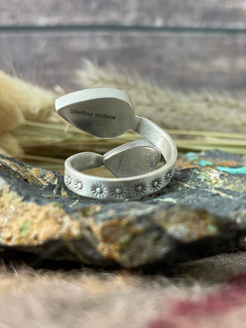 Handmade Sterling Silver Royston Ribbon Turquoise Adjusatble Ring "Signed Nizhoni"