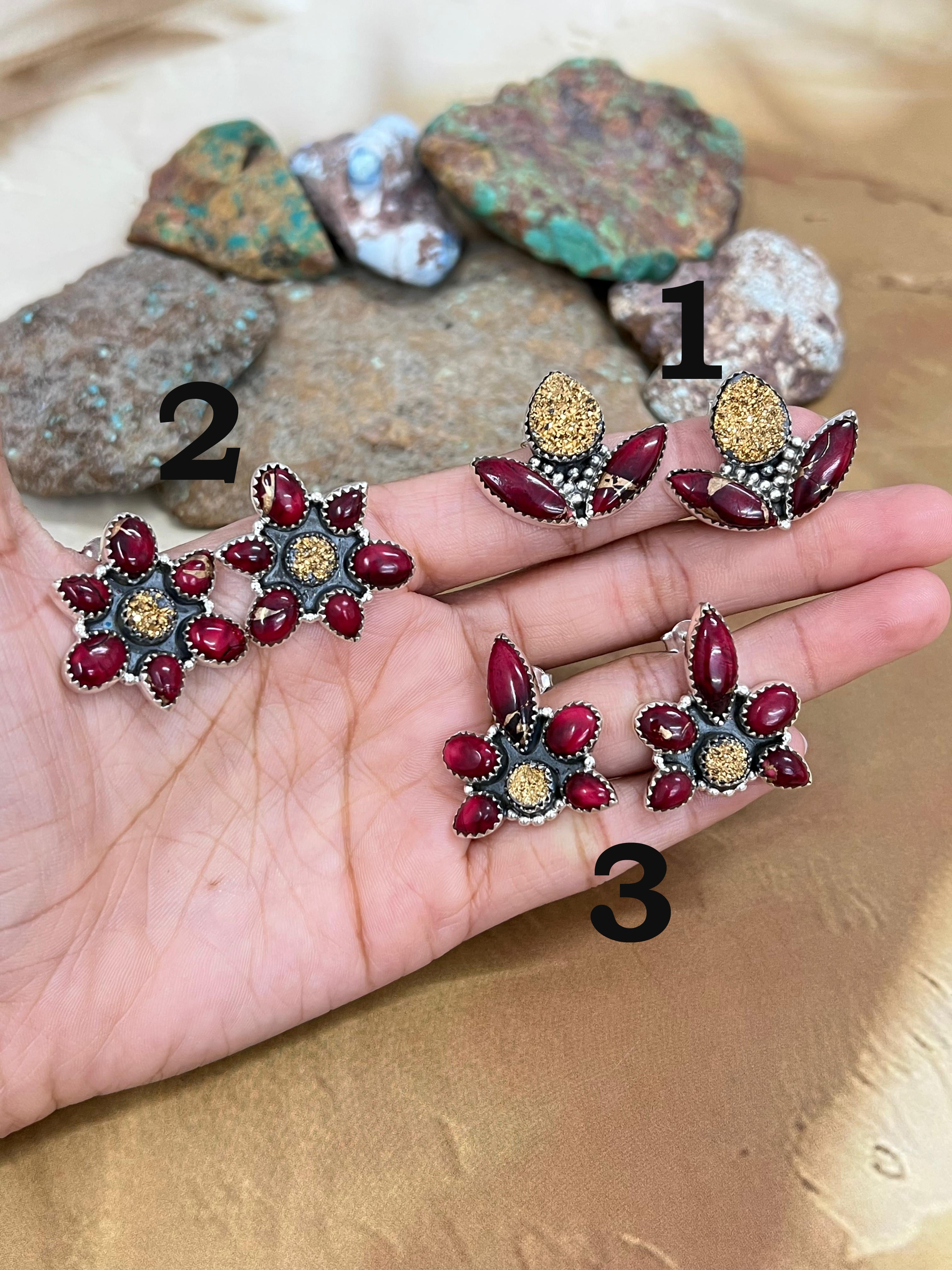 Handmade Sterling Silver Dahlia Rose with Druzy Studs, Signed Nizhoni