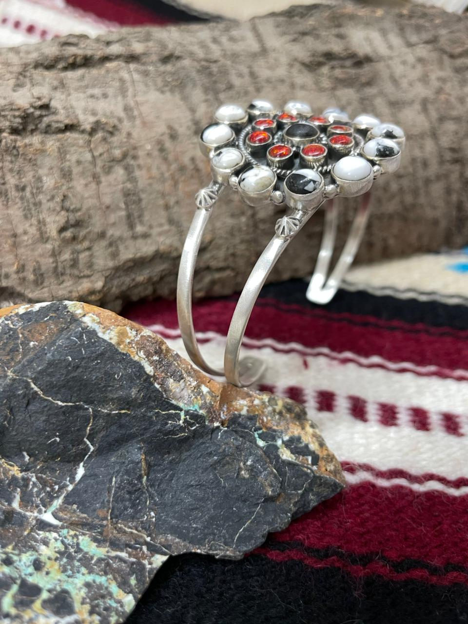 "Christmas Collection" Handmade Sterling Silver White Buffalo With Red Opal Cuff Bracelet "Signed Nizhoni"