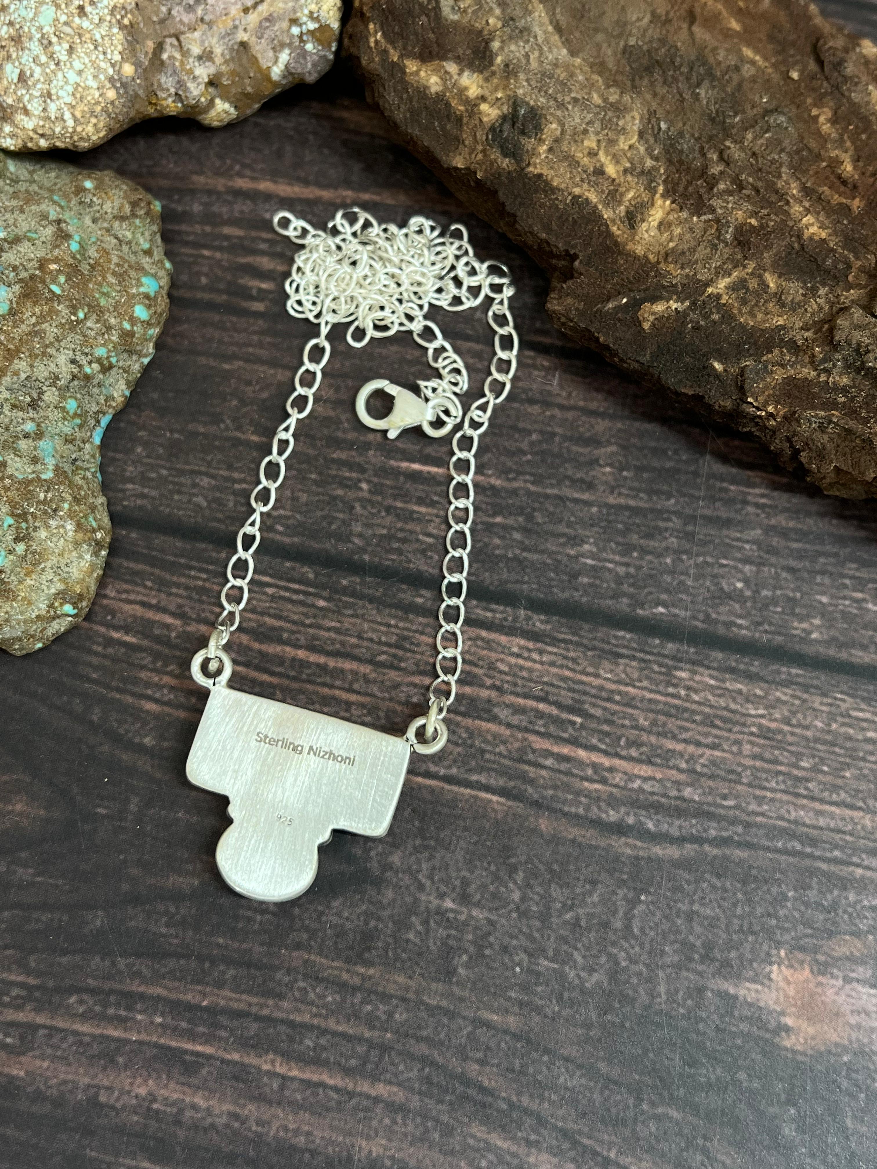 Handmade Sterling Silver Kingman with Dahlia Rose Necklace with Signed Nizhoni