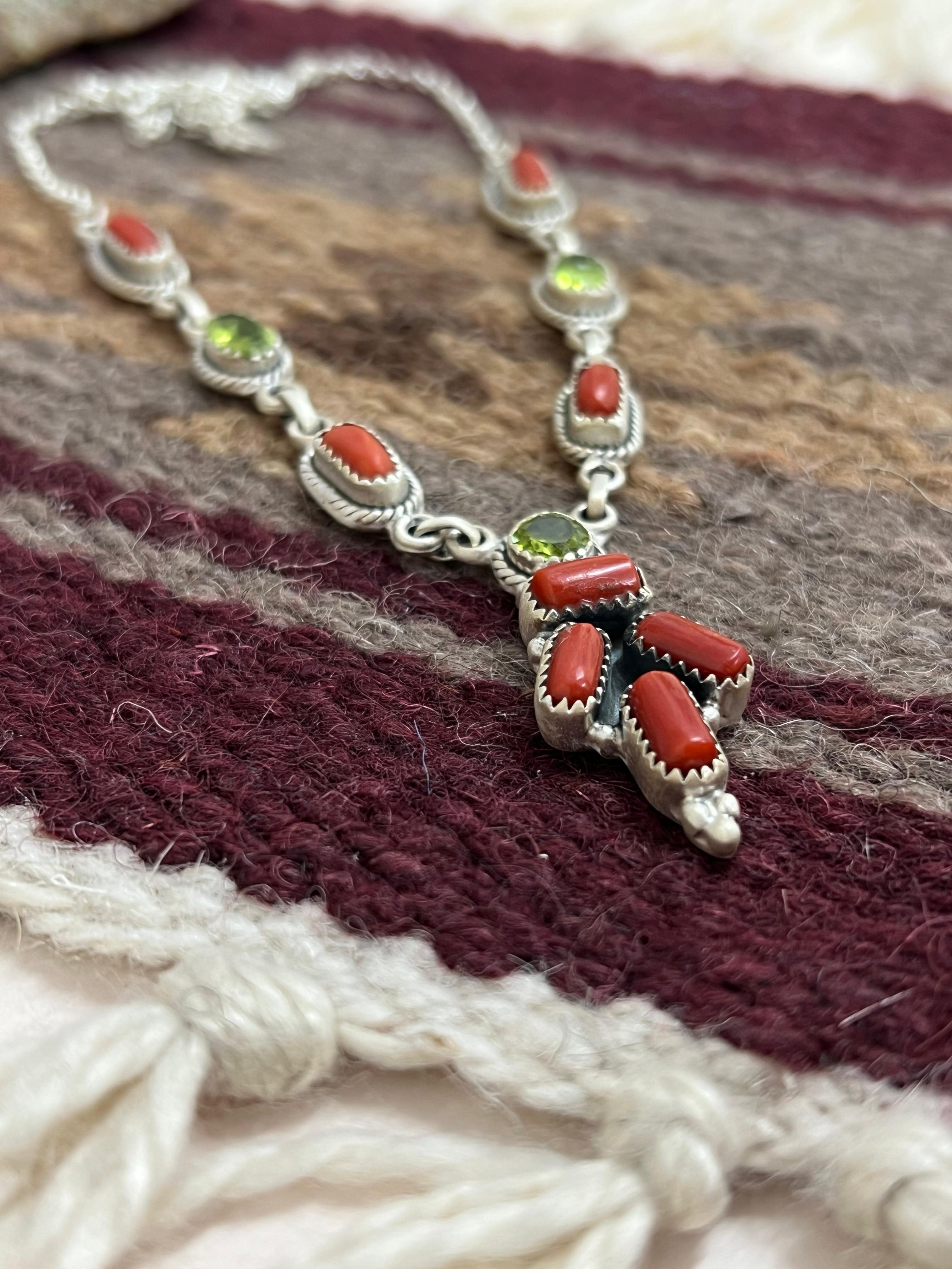Christmas Collection Handmade Sterling Silver Coral with Peridot Necklace with Signed Nizhoni
