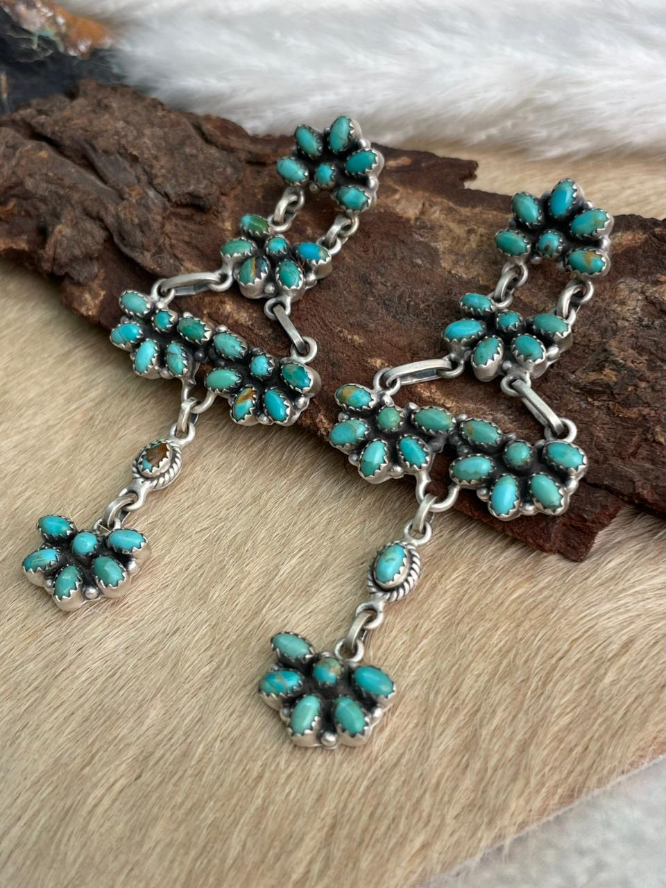 Handmade Sterling Silver Kingman Turquoise Post Dangle Earrings "Signed Nizhoni"