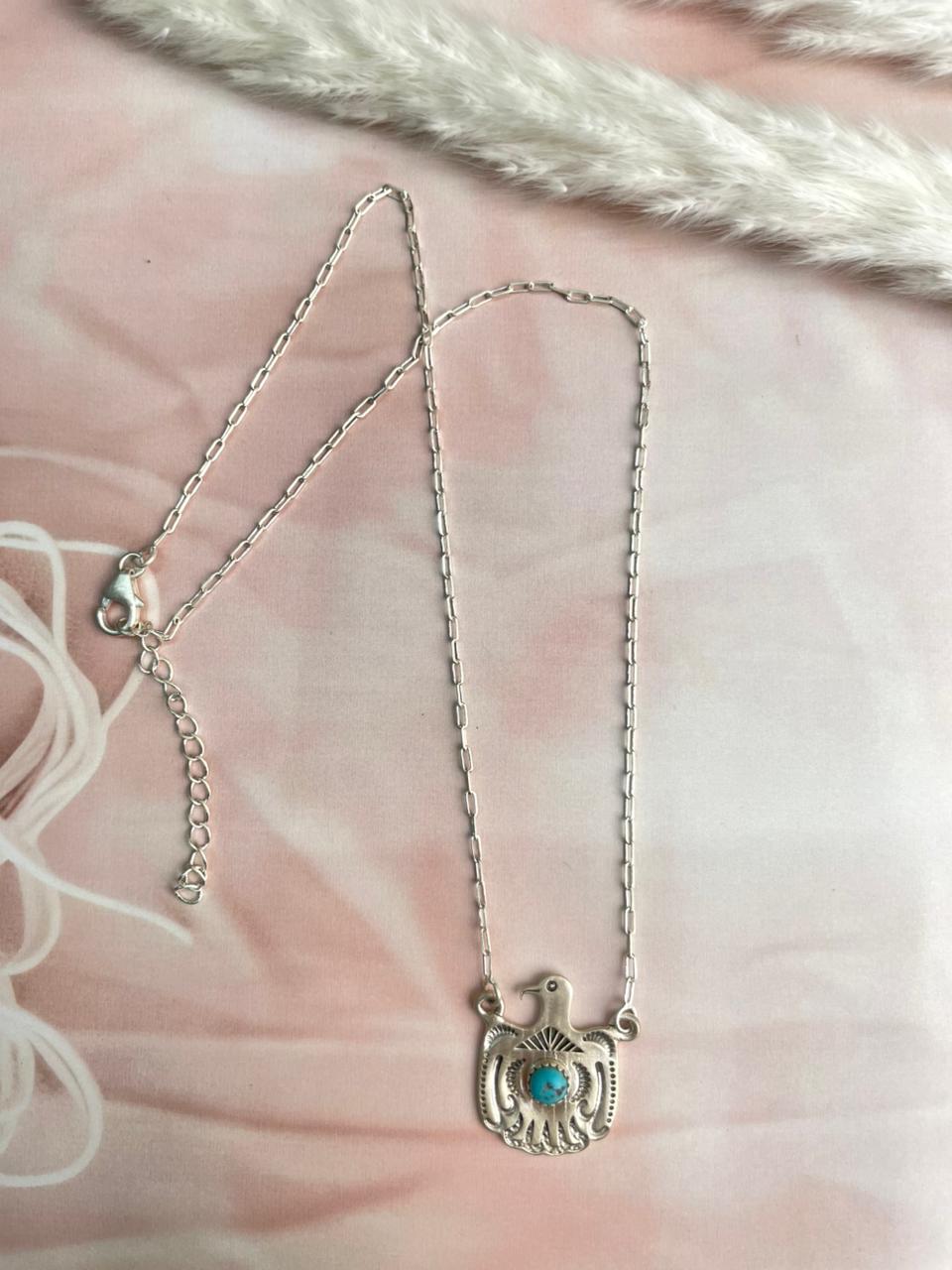 Handmade Sterling Silver Kingman Turquoise Thunder Bird Necklace "Signed Nizhoni"