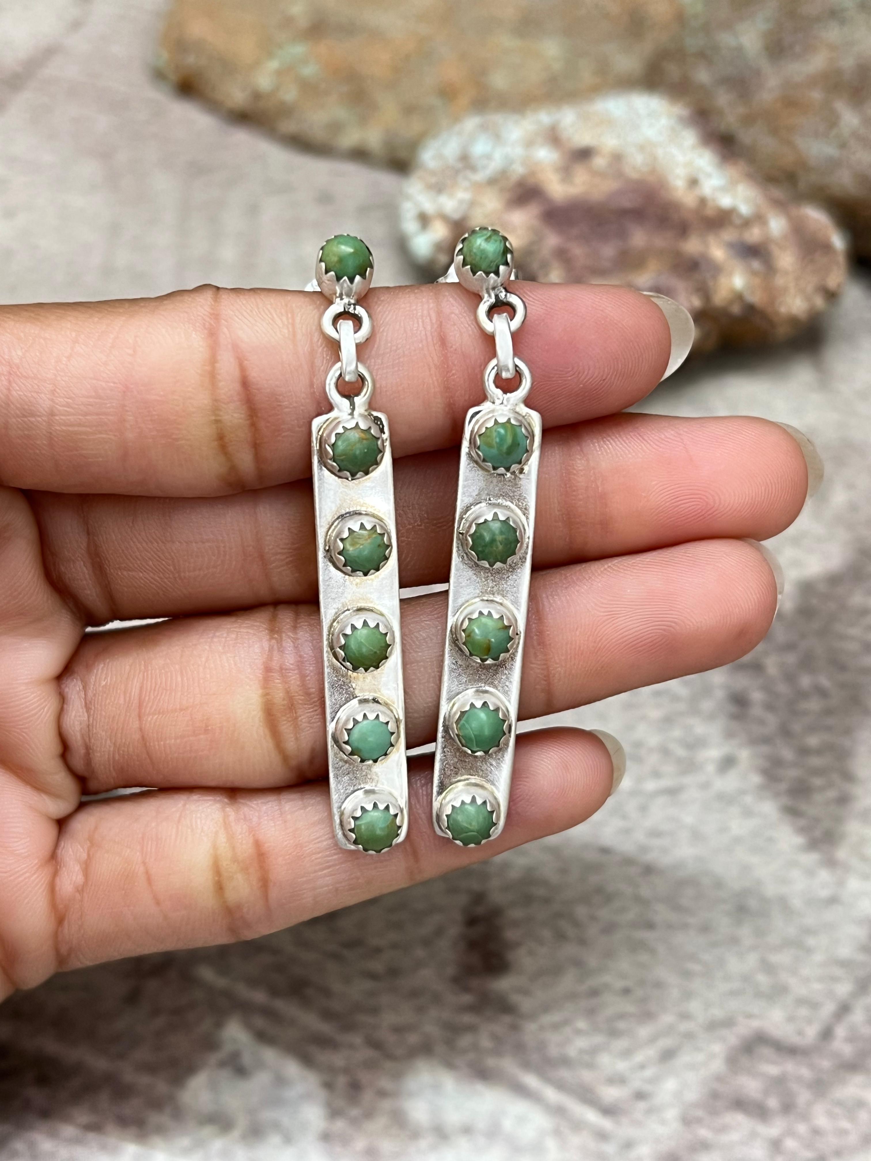 Handmade Sterling Silver Kingman Turquoise Post Dangle Earrings with Signed Nizhoni