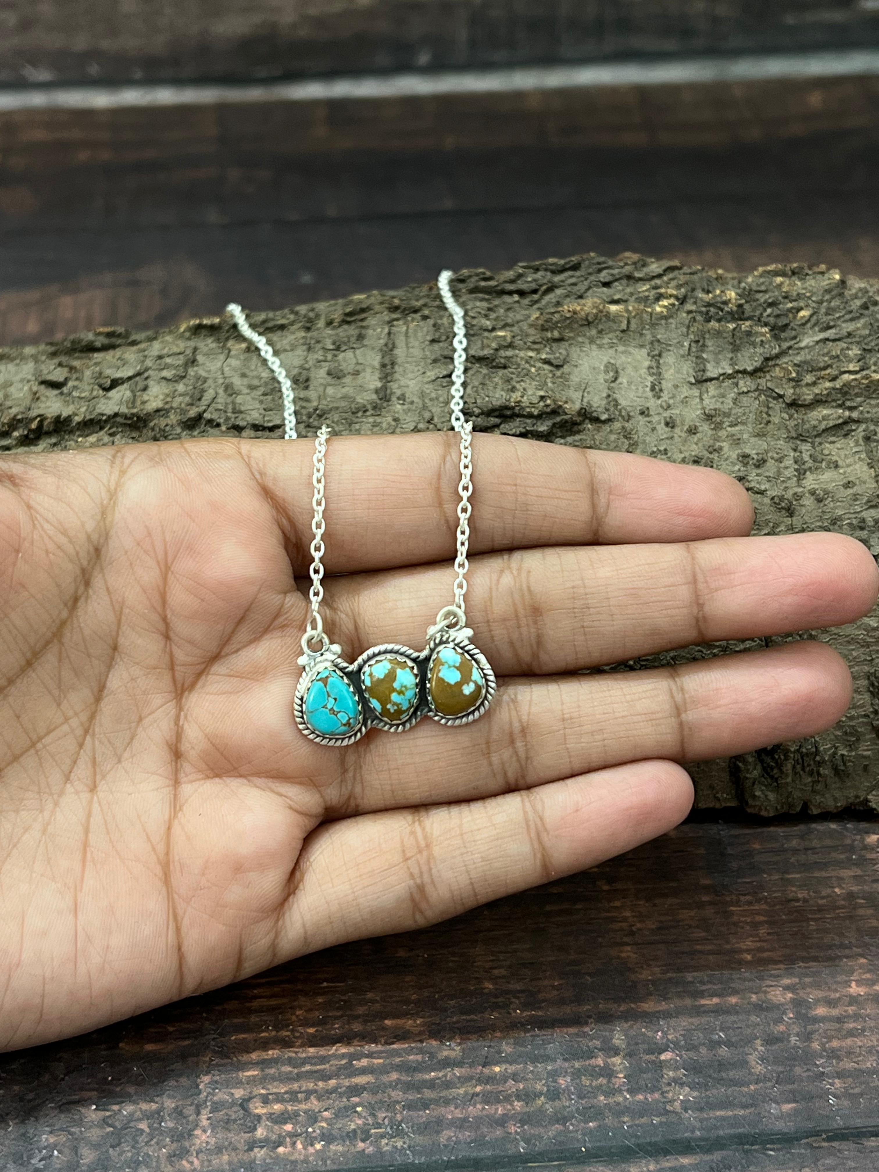 Handmade Sterling Silver Number 8 Turquoise Necklace with Signed Nizhoni