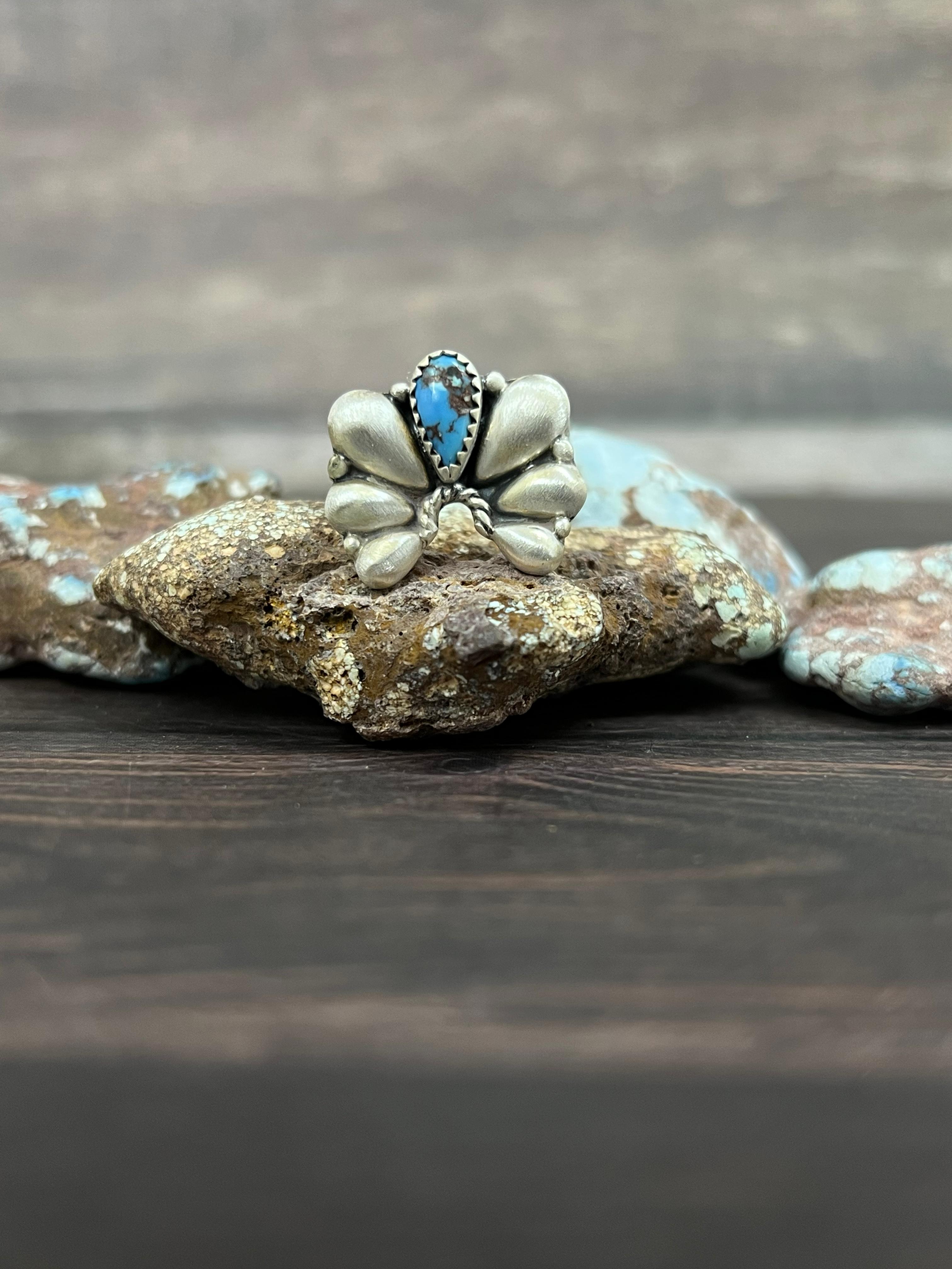 Handmade Sterling Silver with Golden Hills Turquoise Adjustable Ring With Signed Nizhoni