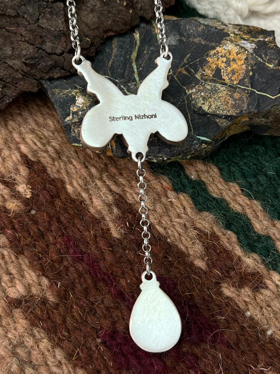 Handmade Sterling Silver Blackjack Turquoise Drop Necklace "Signed Nizhoni"