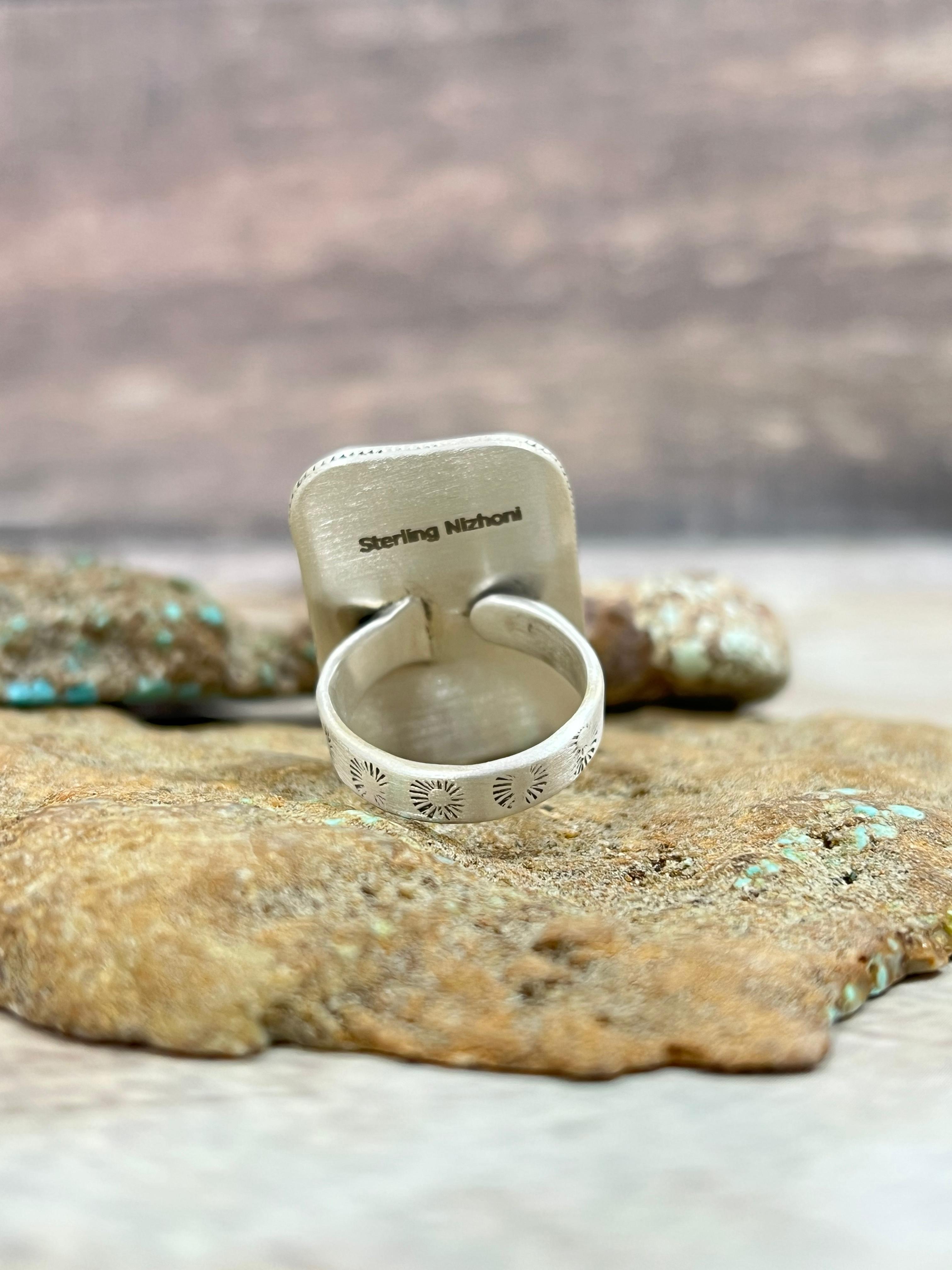 Handmade Sterling Silver Kingman Turquoise Adjustable Ring Signed Nizhoni (1)