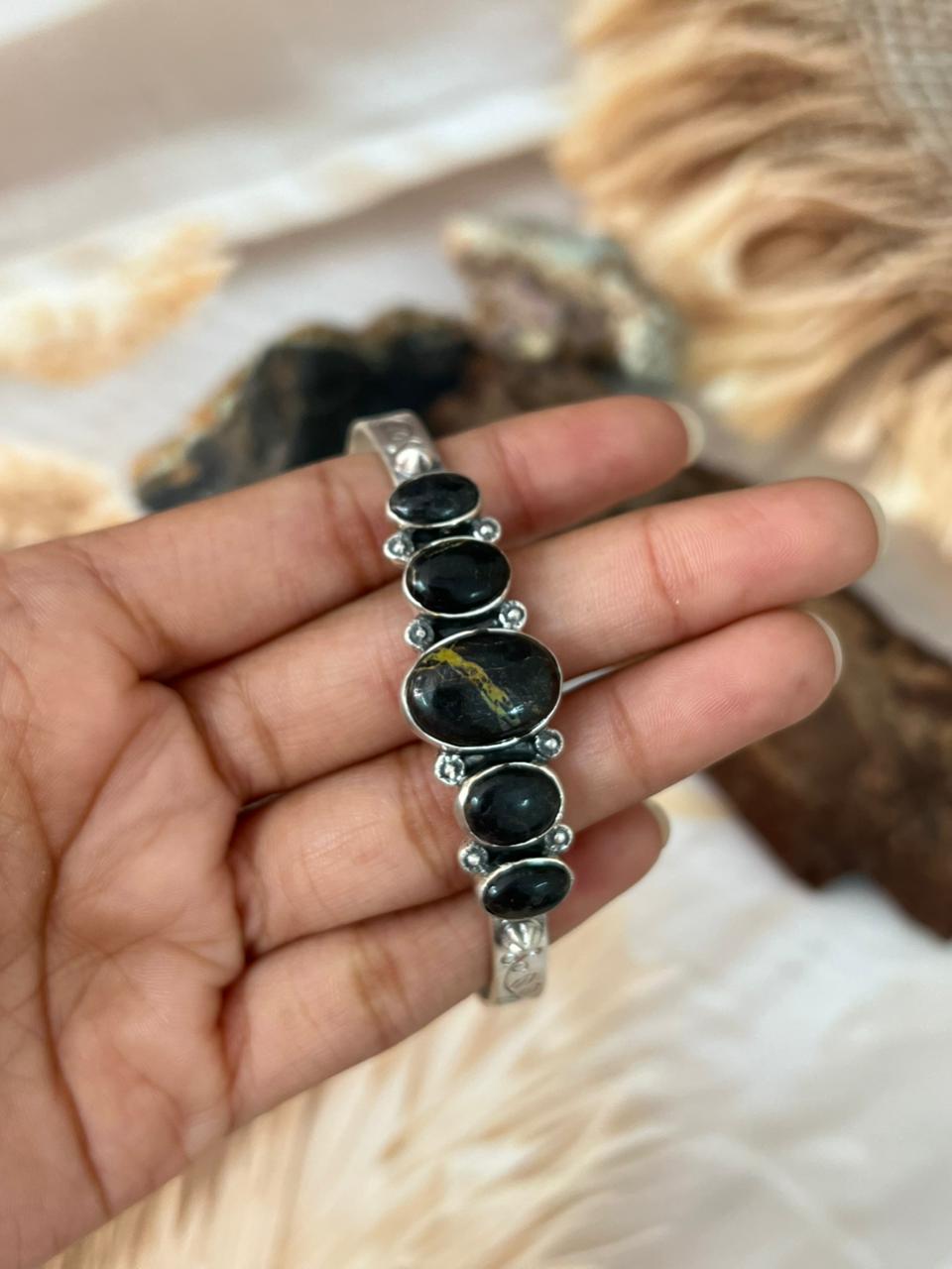 Handmade Sterling Silver Blackjack Turquoise 5 stone cuff Bracelet "Signed Nizhoni"