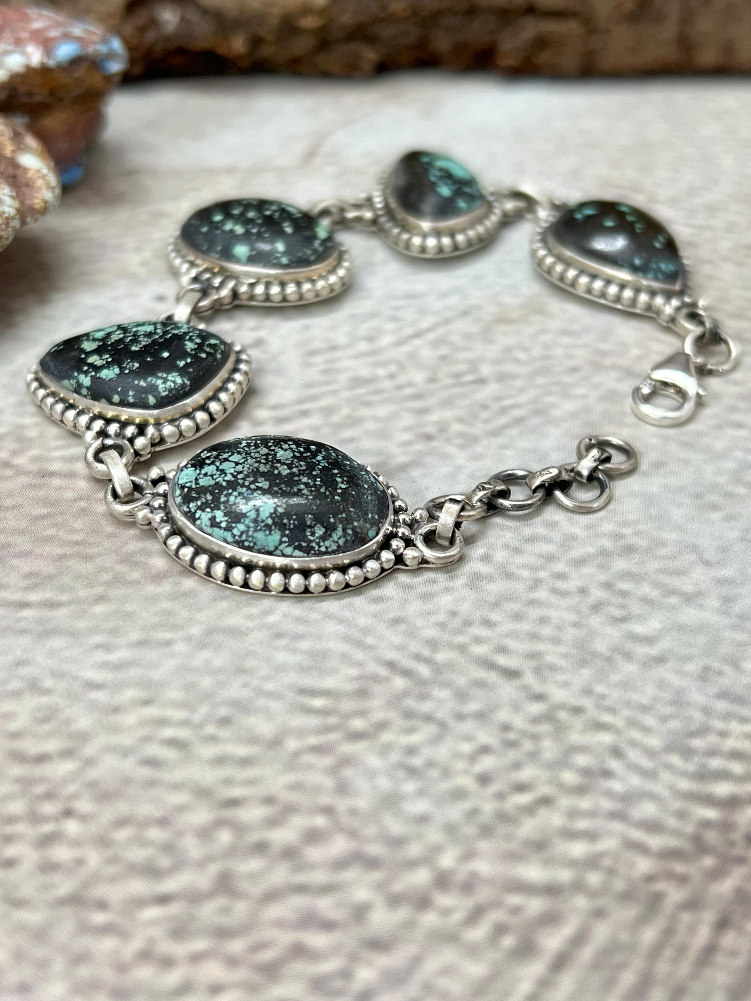 Handmade Sterling Silver Lander Turquoise Chain Bracelet with Signed Nizhoni