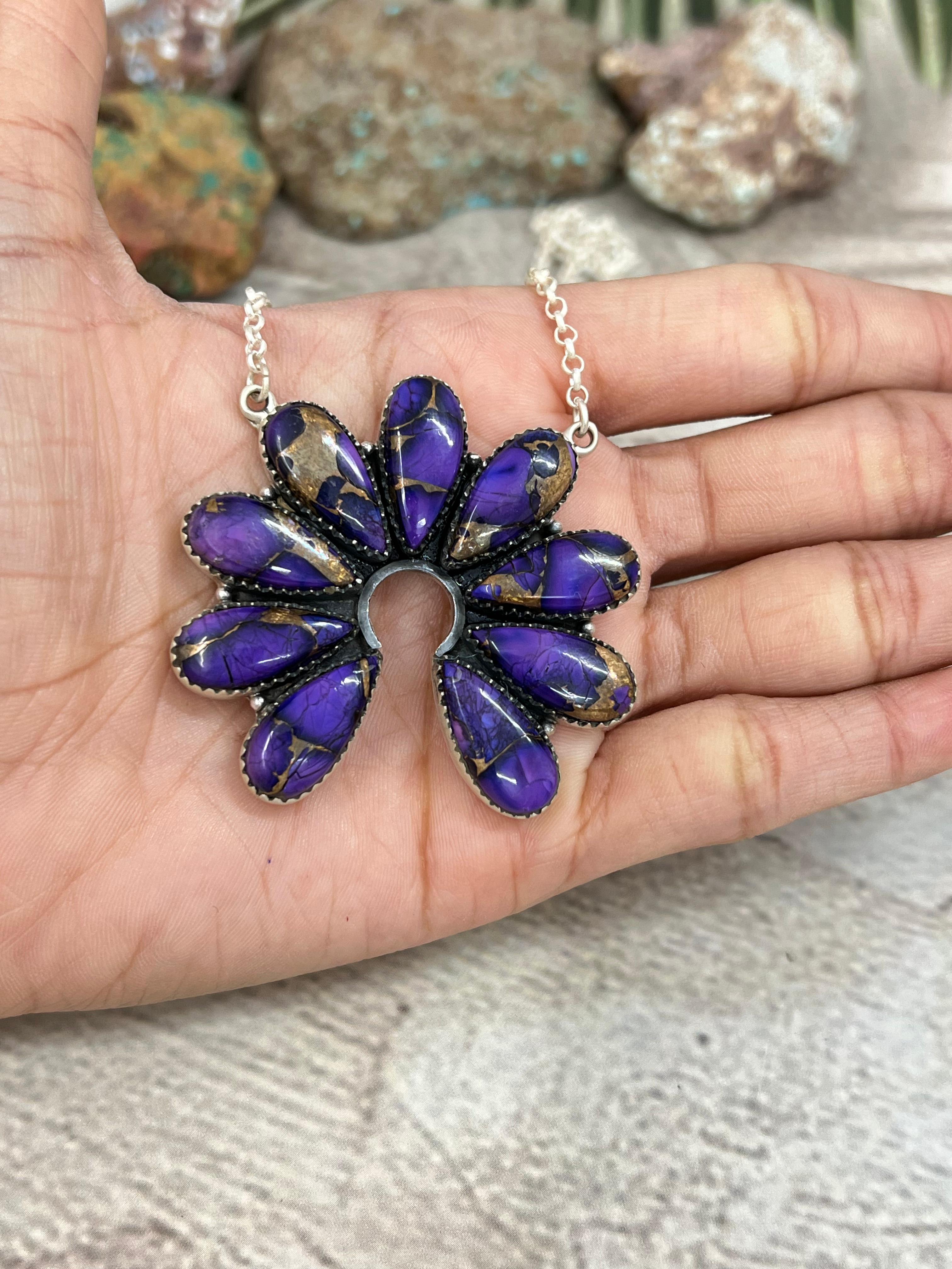 Handmade Sterling Silver Grape Dahlia Squash Blossom Necklace with Signed Nizhoni