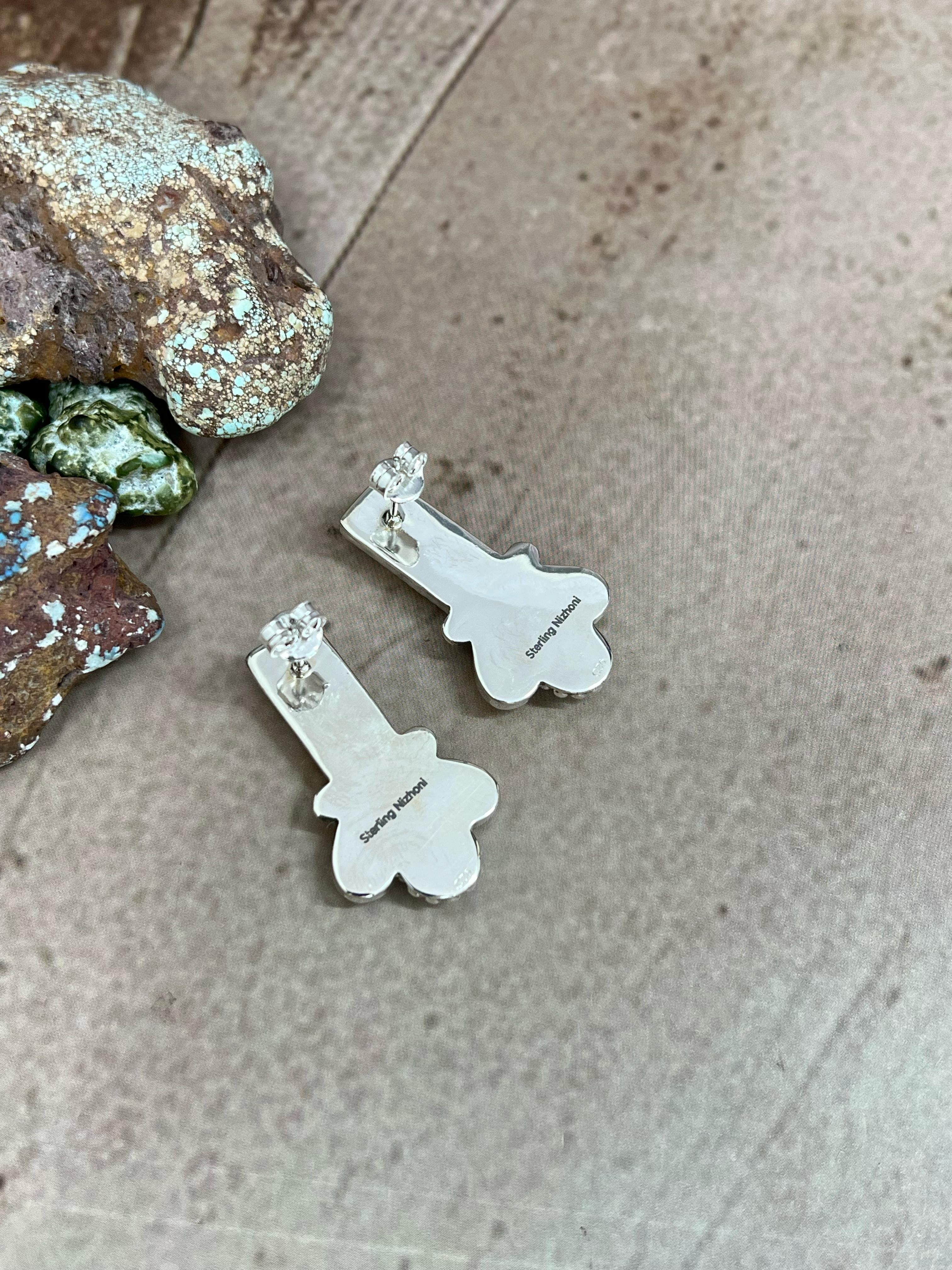 Handmade Sterling Silver Honey Dahlia with Kingman Turquoise Post Earrings with Signed Nizhoni (9)