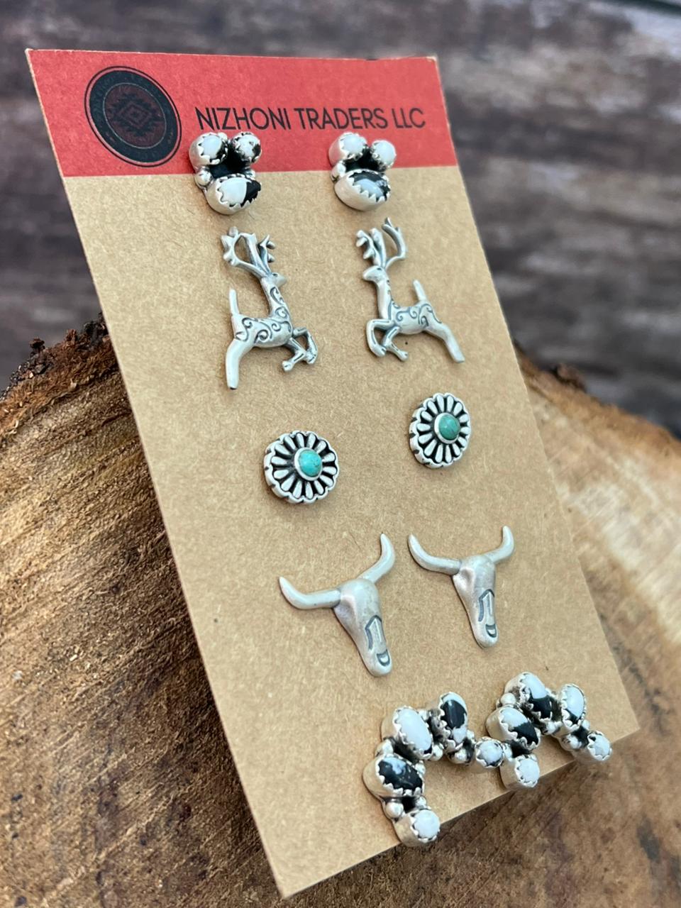 Handmade Sterling Silver White Buffalo with Kingman Turquoise Post Studs Earrings Set (1)