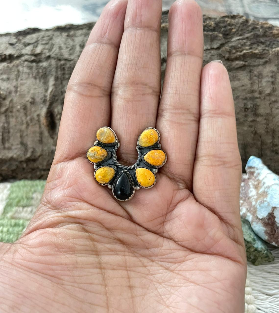 "Halloween Collection" Handmade Sterling Silver Black Onyx, Bumblebee Naja Adjustable Ring with Signed Nizhoni