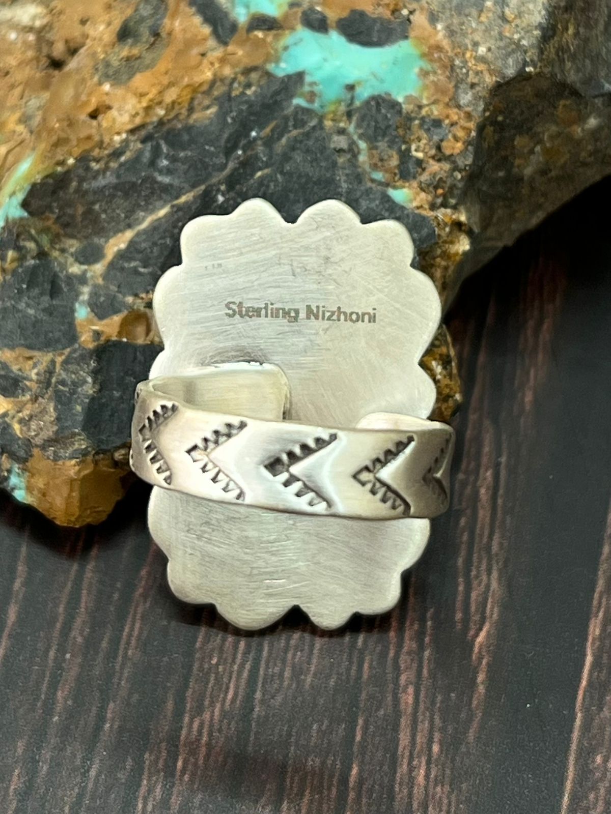 Handmade Sterling Silver Kingman Turquoise Adjustable Ring "Singed Nizhoni"
