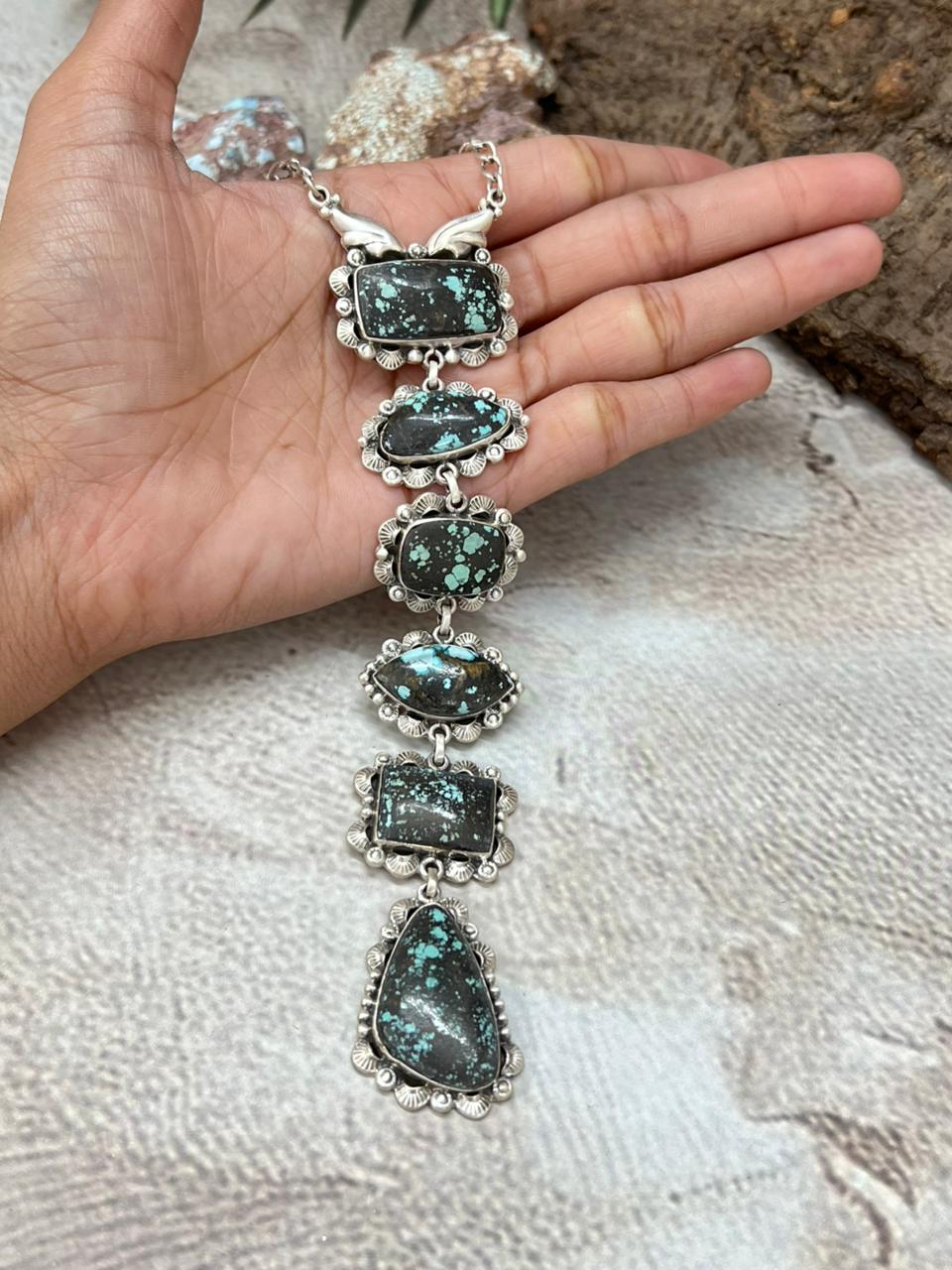 Handmade Sterling Silver Lander Turquoise Necklace with Signed Nizhoni