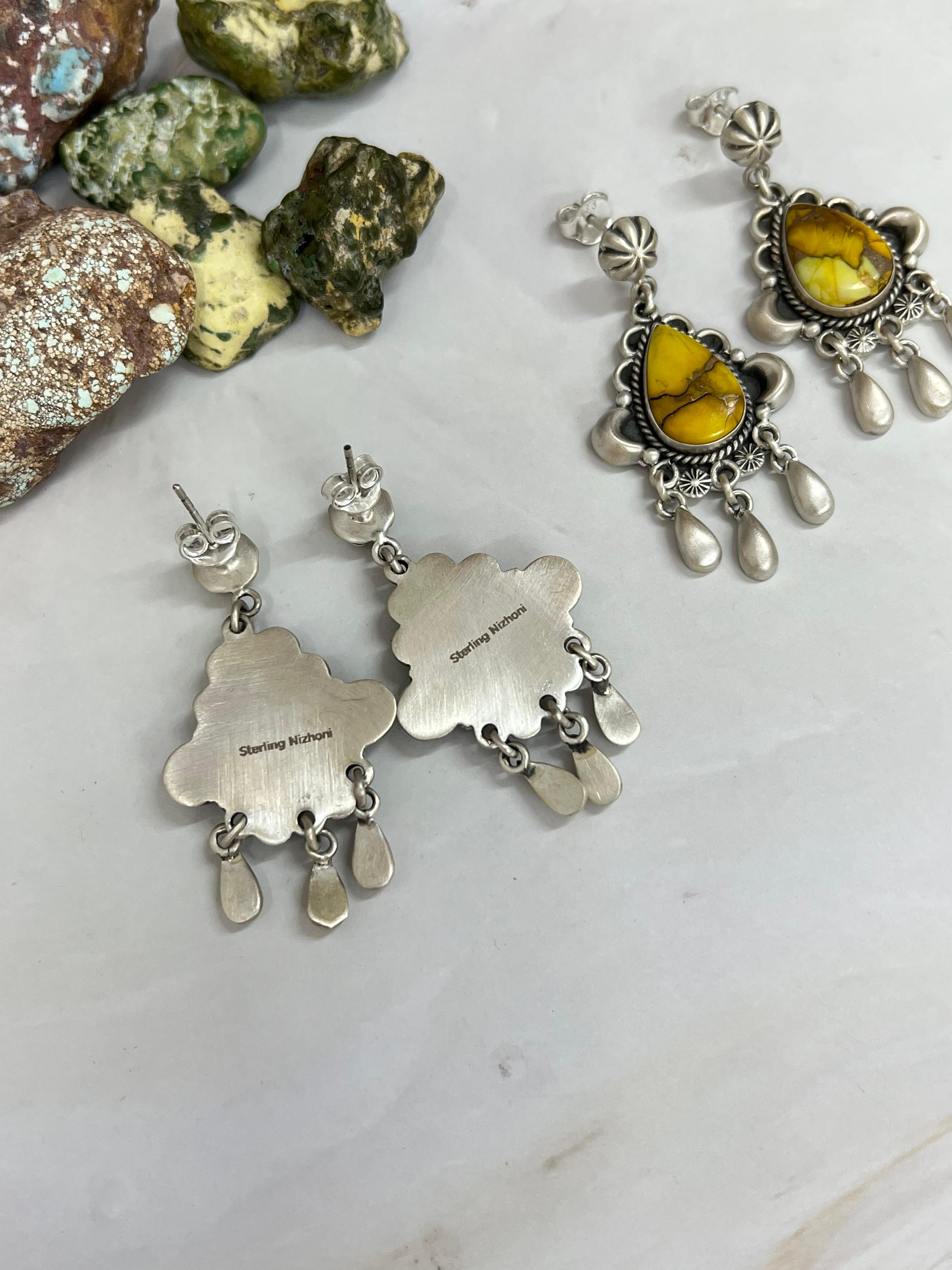 Handmade Sterling Silver White Buffalo Turquoise, Honey Dahlia Dangle Earrings with Signed Nizhoni (3)