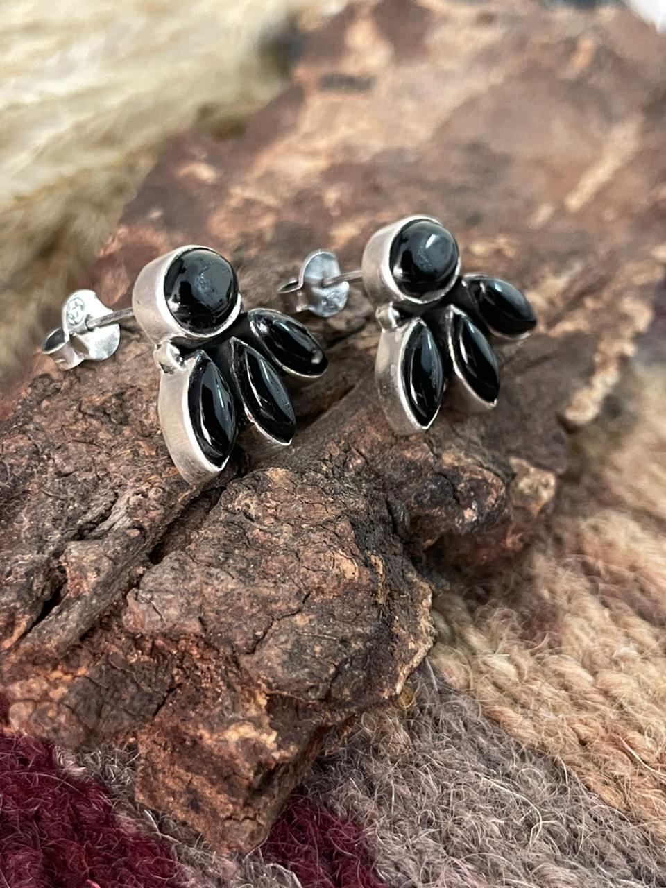 Handmade Sterling Silver Black Onyx Post Studs Earrings "Signed Nizhoni"
