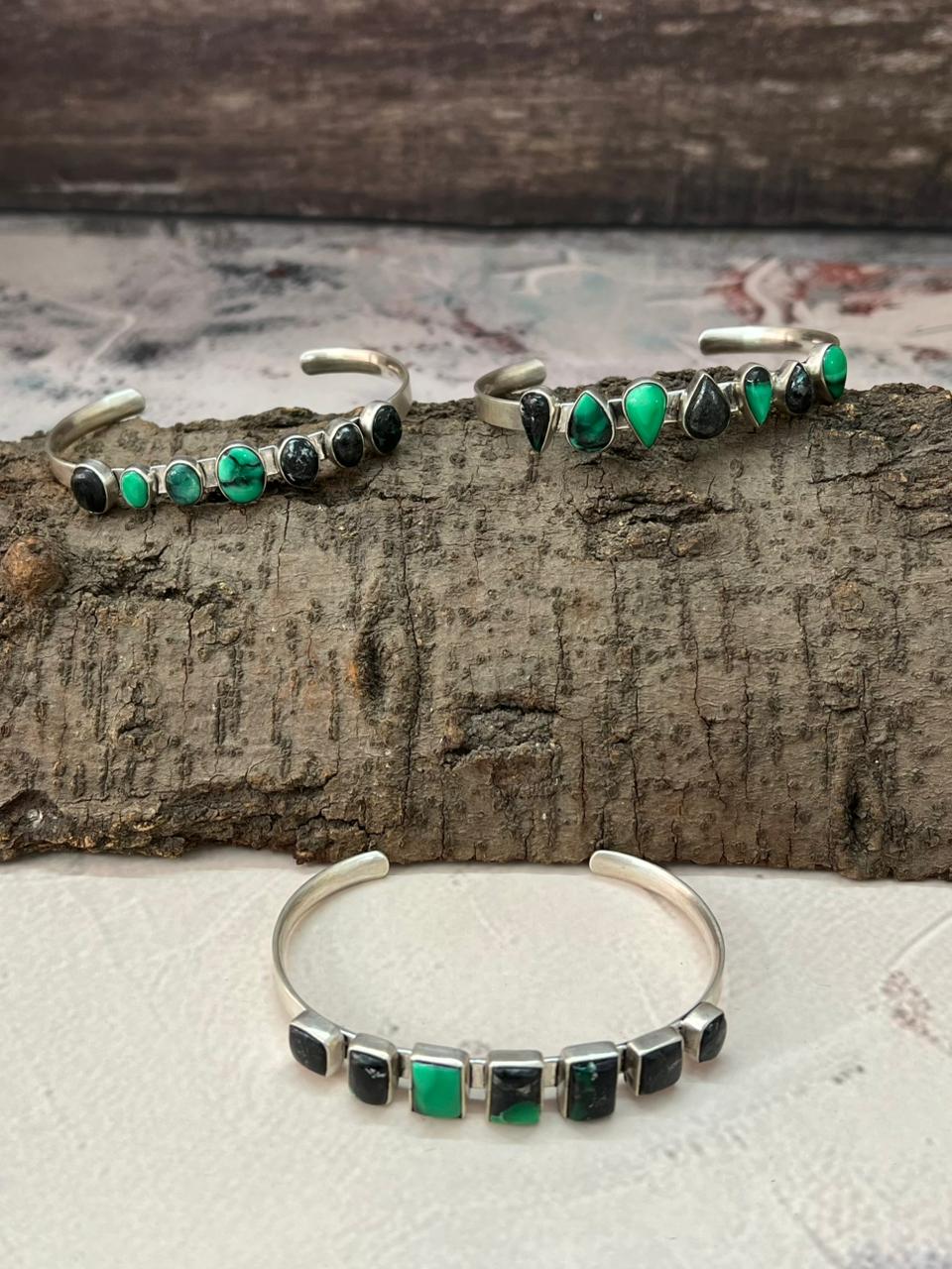 Handmade Sterling Silver Emerald Rose Cuff Bracelet "Signed Nizhoni"