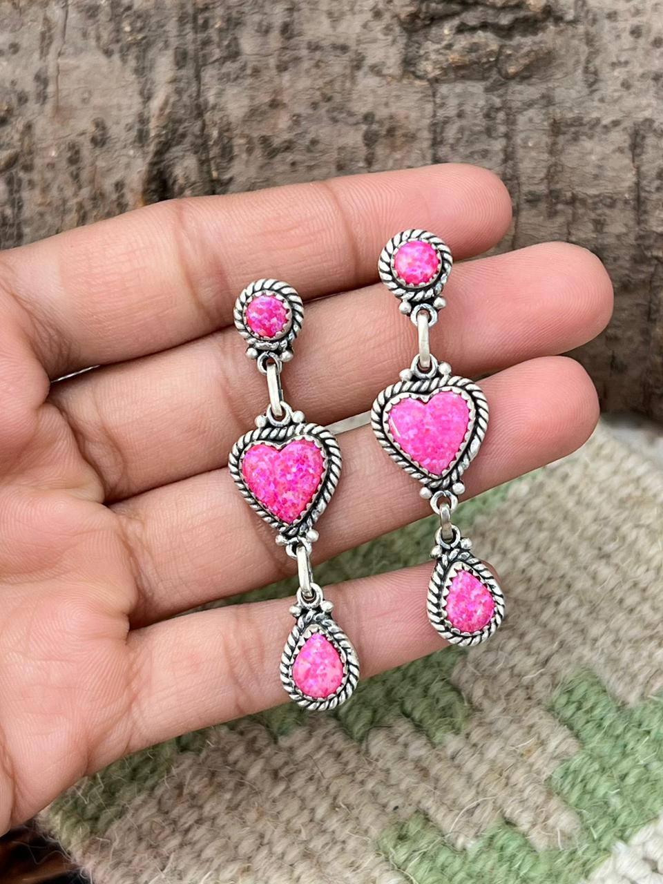 Handmade Sterling Silver Hot Pink Post Dangle Earrings "Signed Nizhoni"
