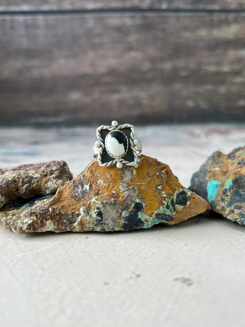 Handmade Sterling Silver White Buffalo Turquoise Adjustable Ring "Signed Nizhoni"