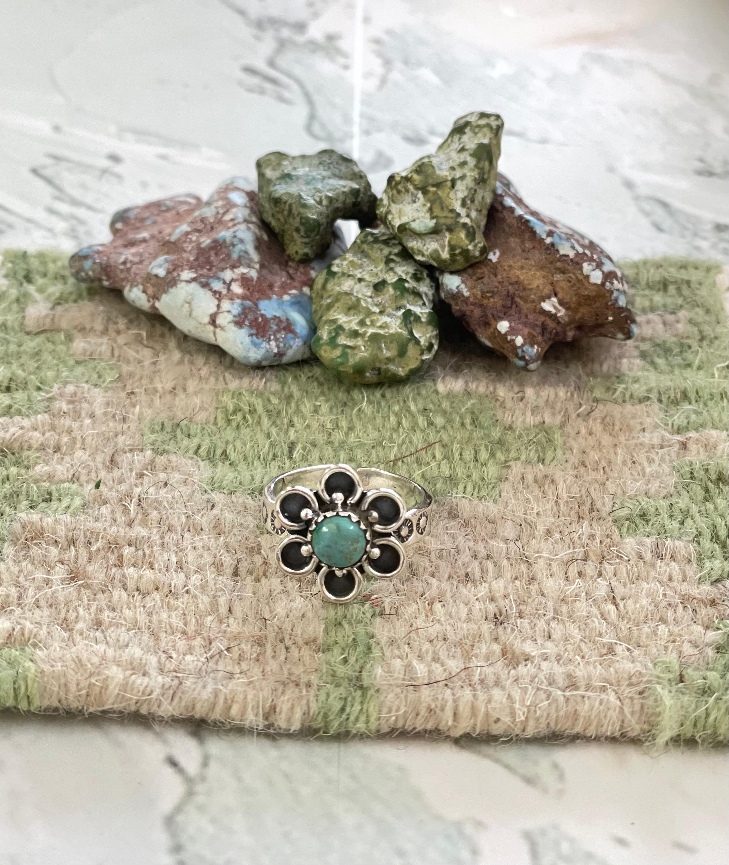 Handmade Sterling Silver Kingman Turquoise Adjustable Ring with Signed Nizhoni