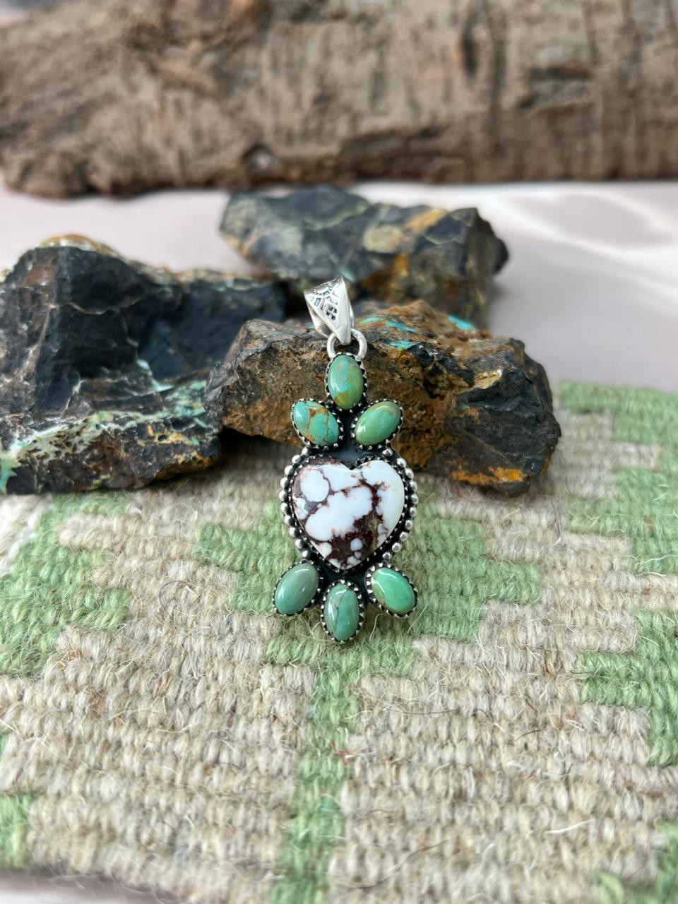 Handmade Sterling Silver Kingman Turquoise with Wildhorse Pendant "Signed Nizhoni"