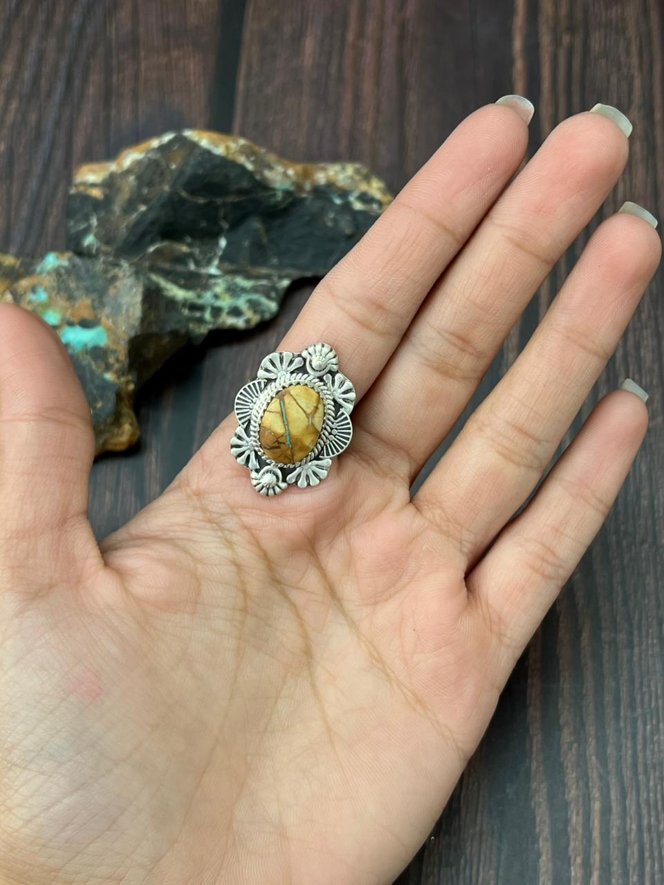 Handmade Sterling Silver Royston Ribbon Turquoise Adjustable Ring "Singed Nizhoni"