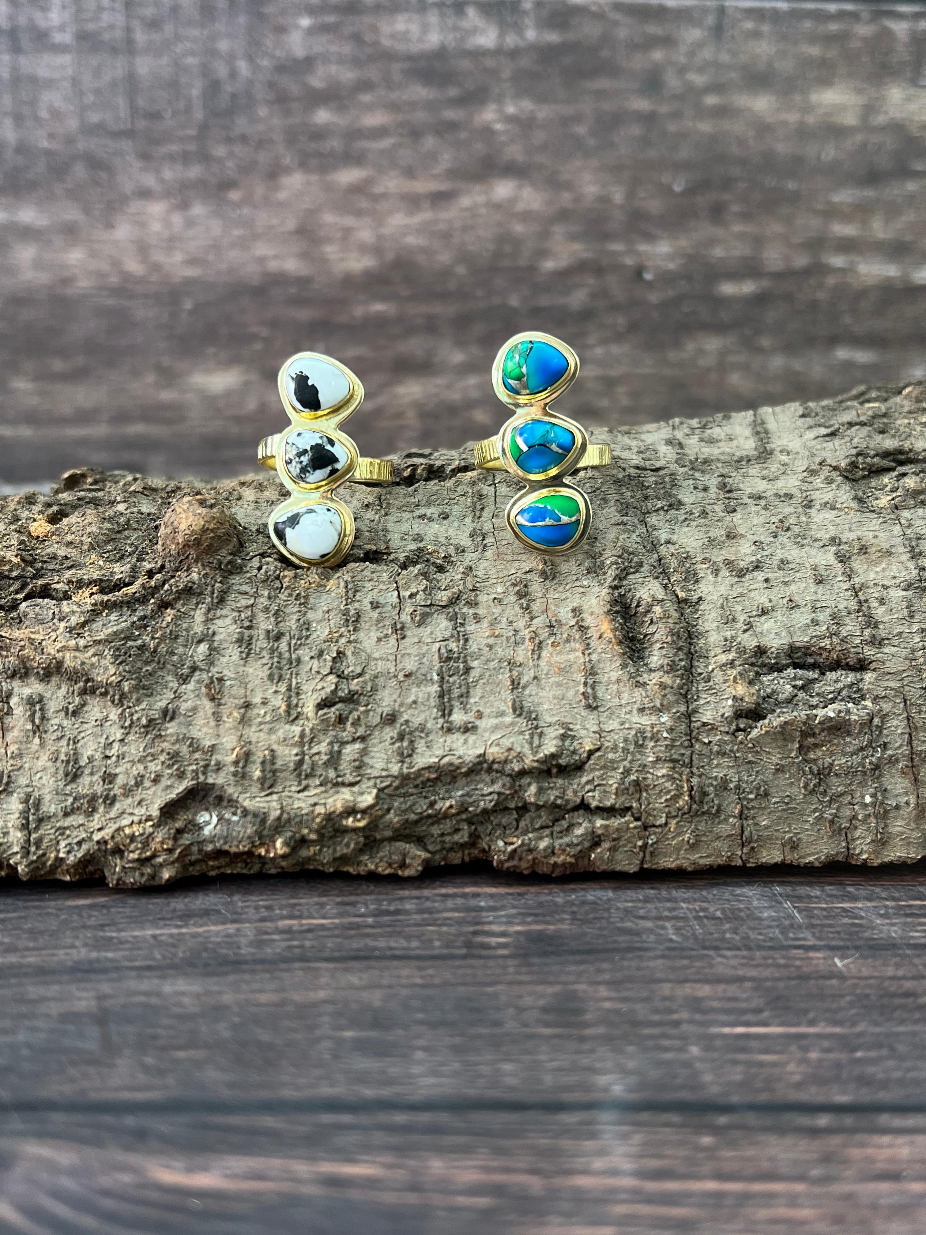 “The Golden Collection” Natural White Buffalo, Peacock Dahlia Adjustable Ring