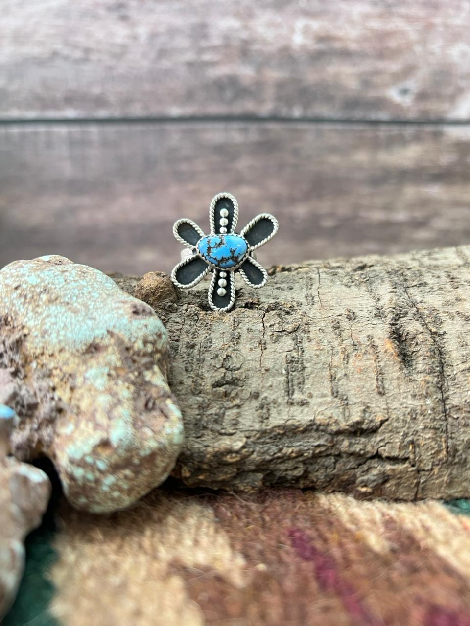 Handmade Sterling Silver Golden Hills Turquoise Adjustable Ring "Signed Nizhoni"