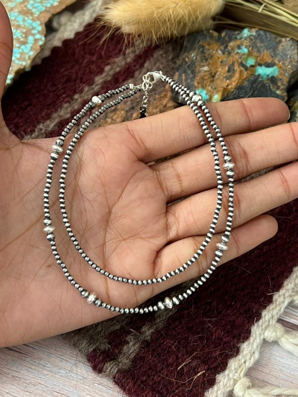 Handmade Sterling Silver Double Strand Beaded Anklet "Signed Nizhoni"