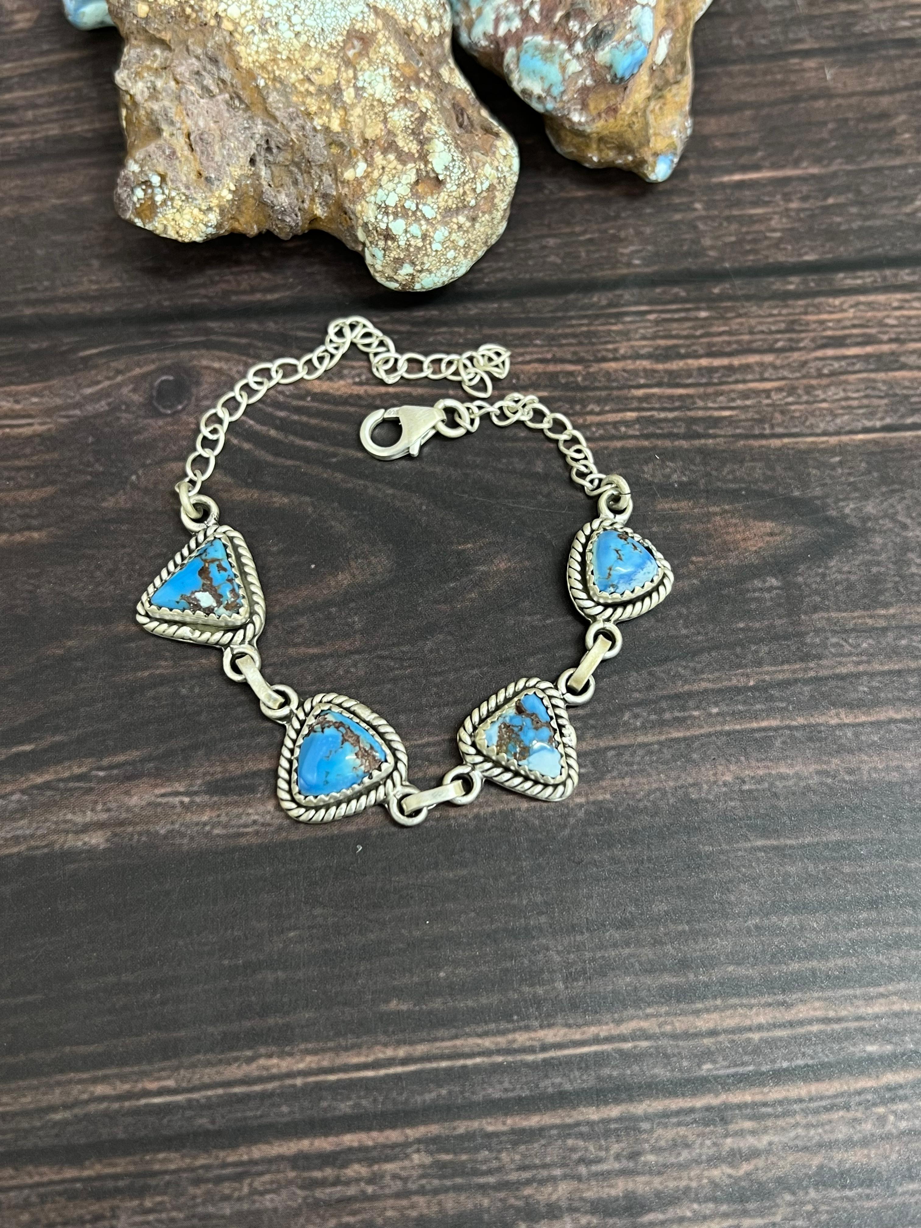 Handmade Sterling Silver Golden Hills Turquoise Chain Bracelet with Signed Nizhoni