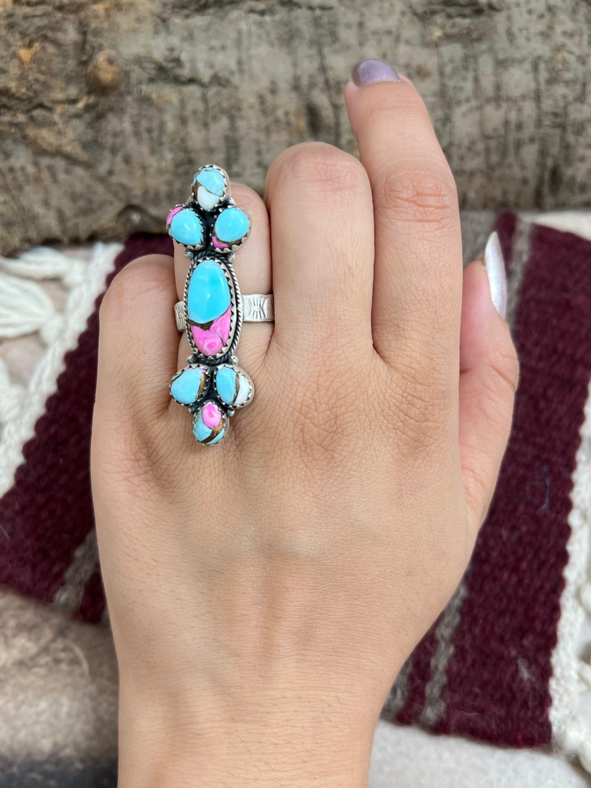 Handmade Sterling Silver Cotton Candy Turquoise Adjustable Rings with Signed Nizhoni
