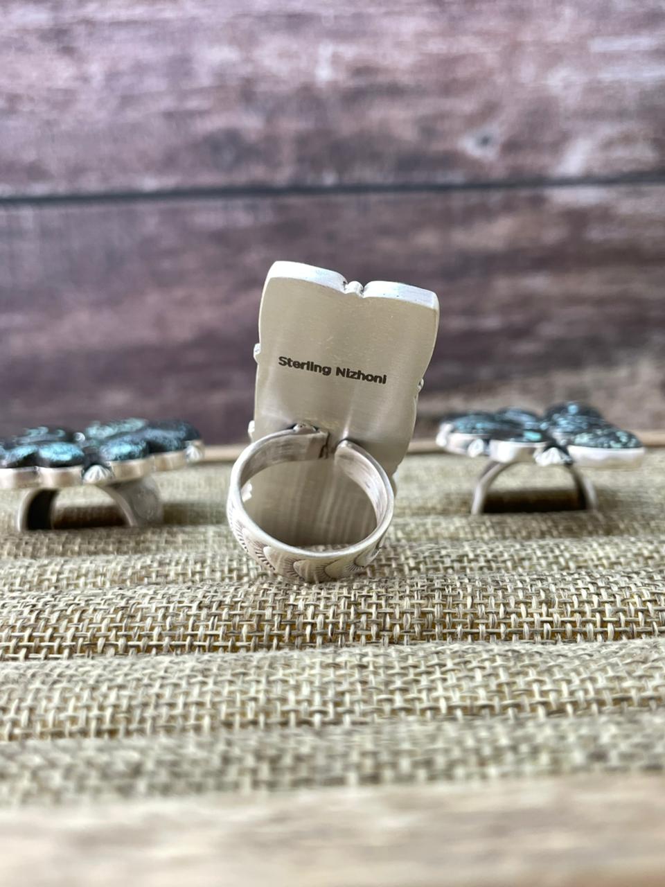 Handmade Sterling Silver Lander Turquoise Adjustable Ring With Signed Nizhoni