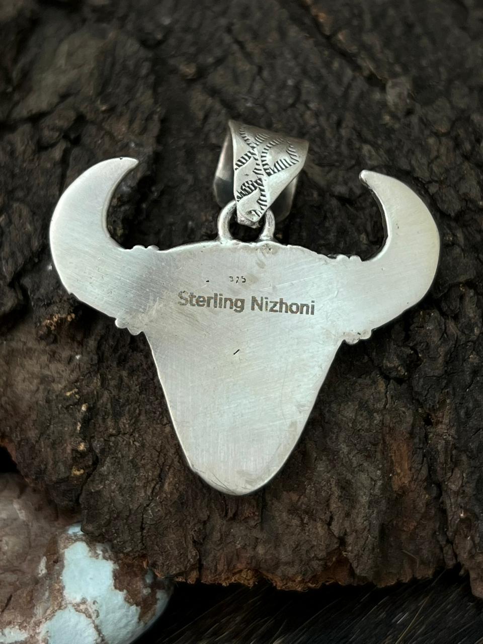 Handmade Sterling Silver Palomino Turquoise Bull Pendant "Signed Nizhoni" (6)