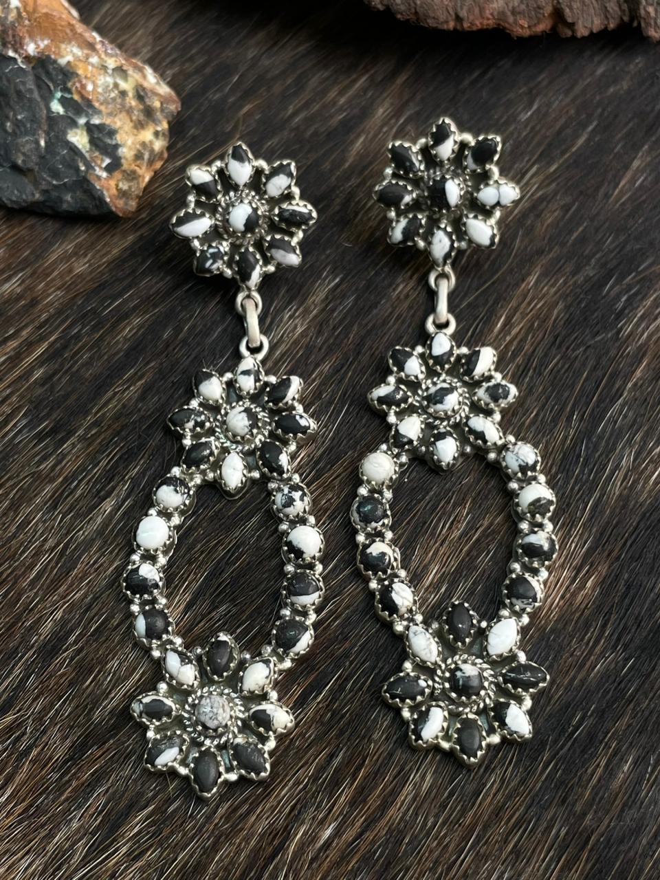 Handmade Sterling Silver White Buffalo Post Dangle Earrings "Signed Nizhoni"