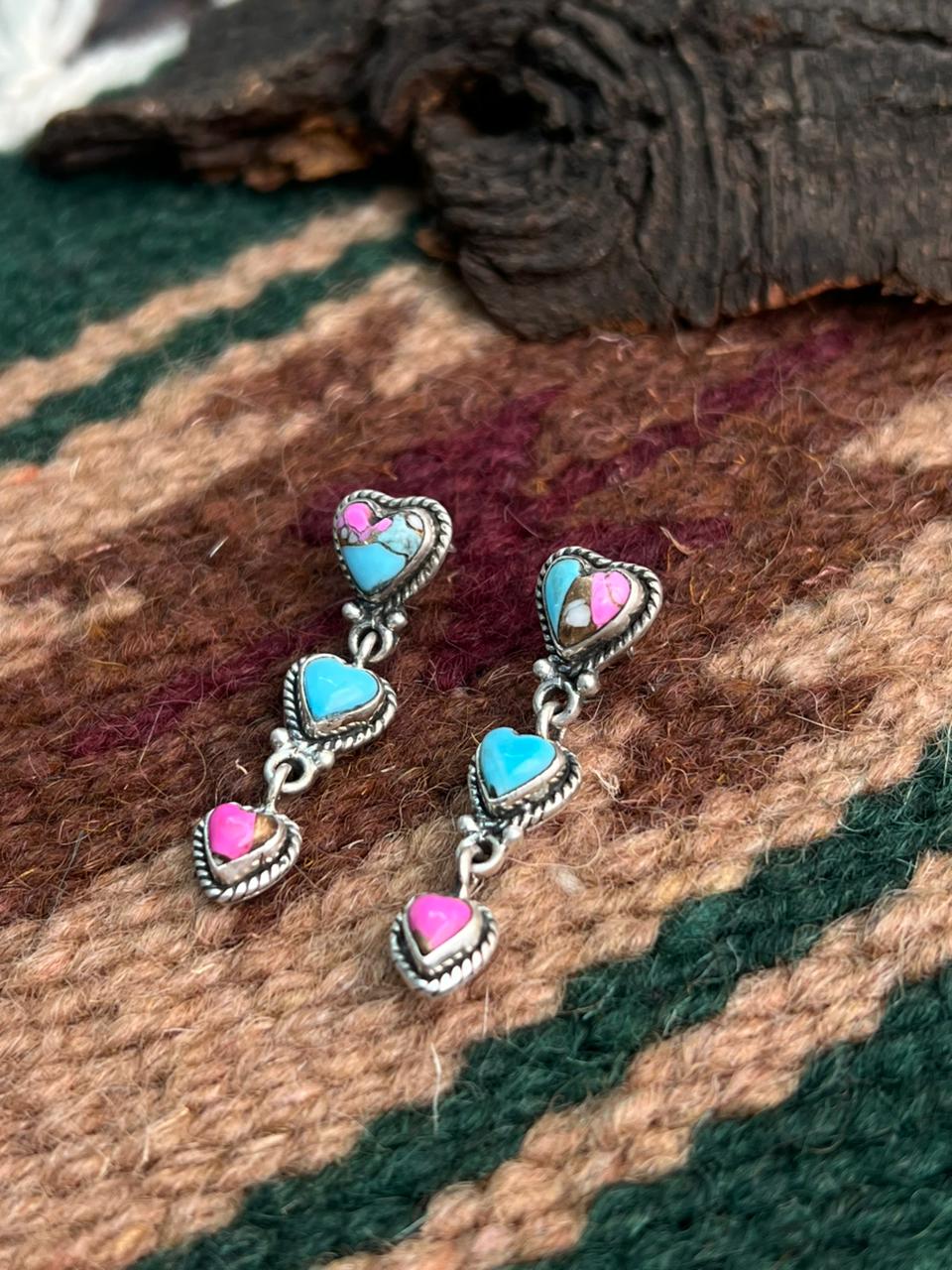 "Heart Collection" Handmade Sterling Silver Cotton Candy Post Dangle Earrings "Signed Nizhoni"