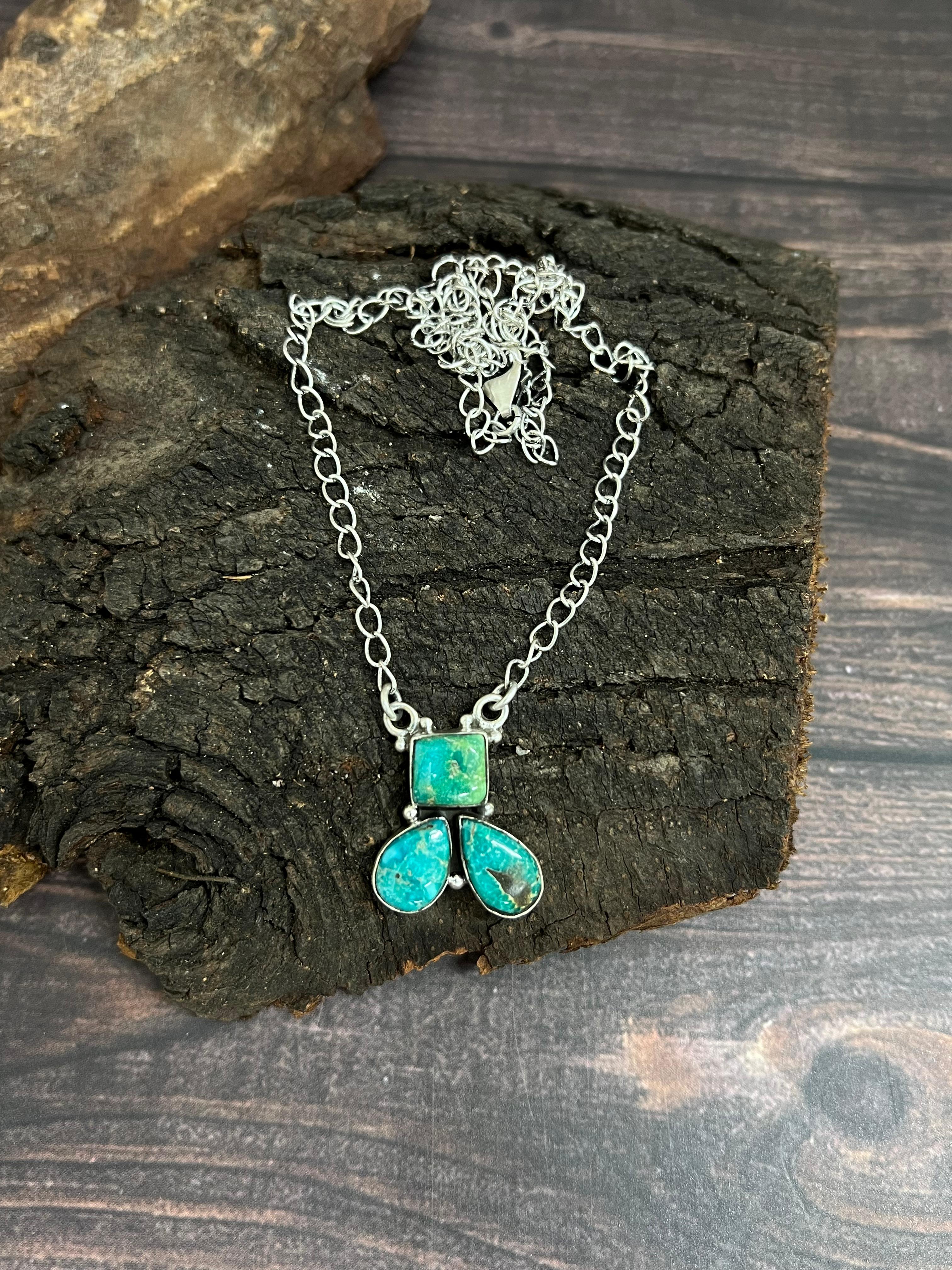 Handmade Sterling Silver South Hill Turquoise Necklace with Signed Nizhoni