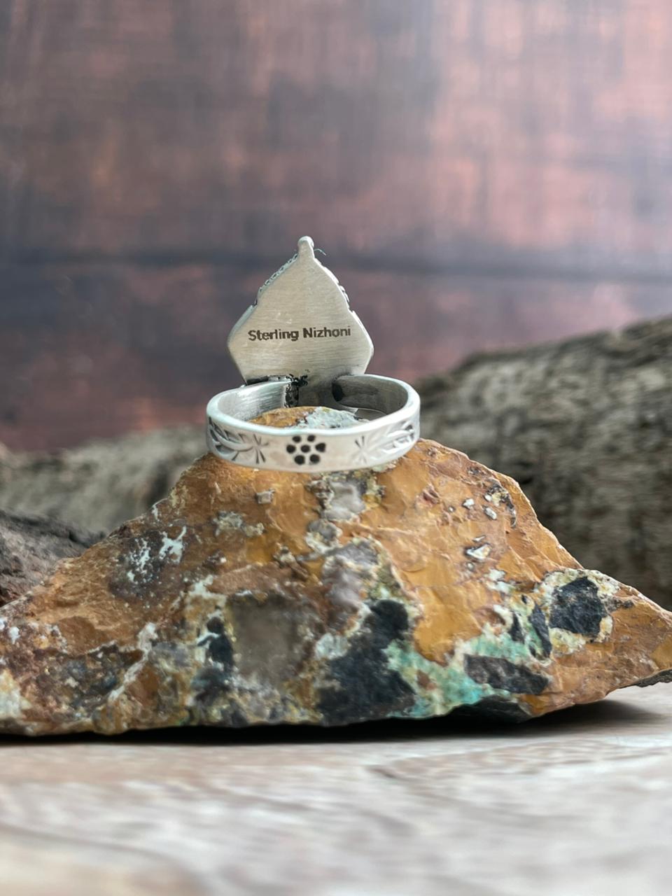 Handmade Sterling Silver Kingman Turquoise Adjustable Ring "Signed Nizhoni"