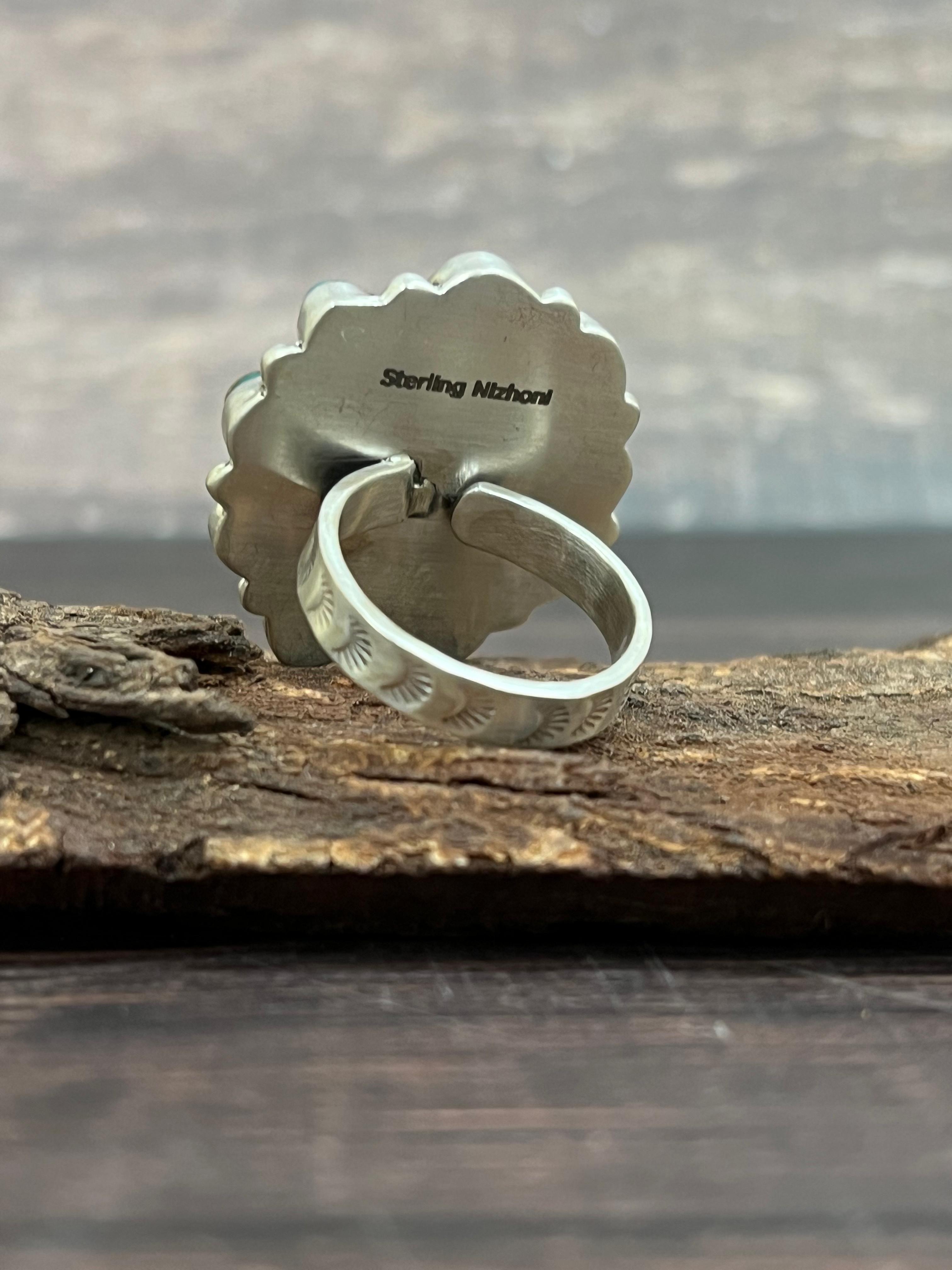 Handmade Sterling Silver South Hill Turquoise Adjustable Ring with Signed Nizhoni
