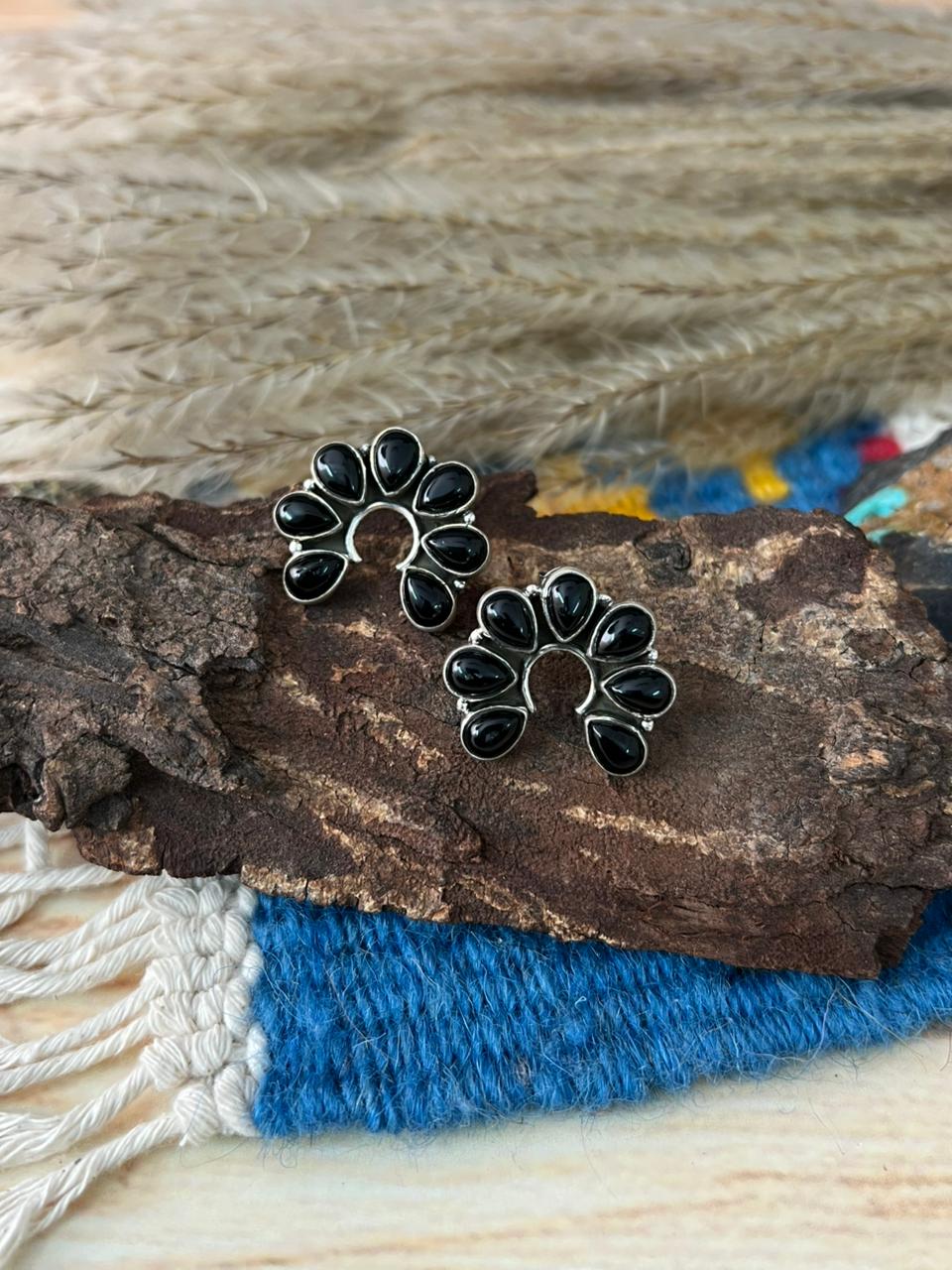 Handmade Sterling Silver Black Onyx Naja Post Studs Earrings "Signed Nizhoni"