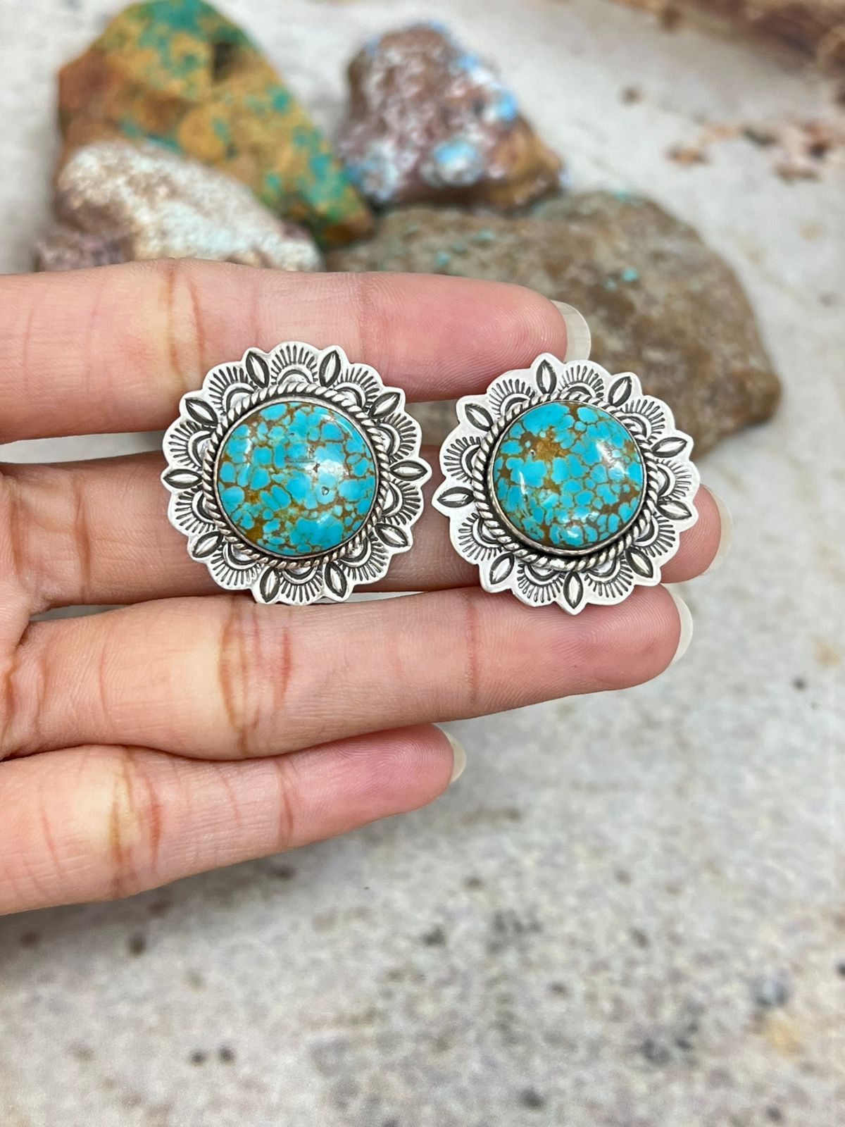 Handmade Sterling Silver Number 8 Turquoise Post Studs with Signed Nizhoni
