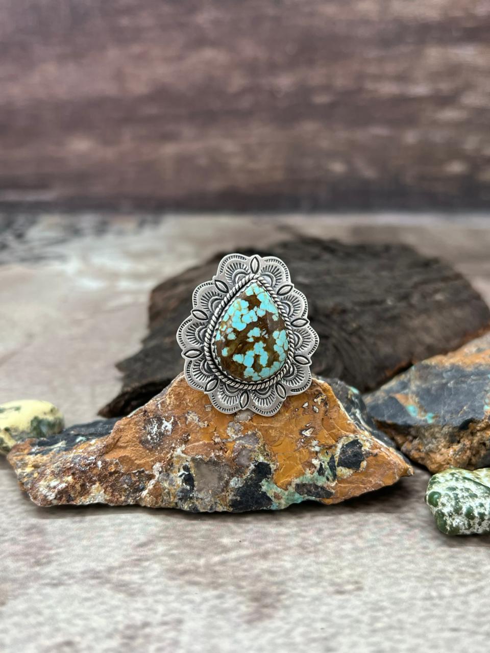 Handmade Sterling Silver Number 8 Turquoise Adjustable Ring "Signed Nizhoni"