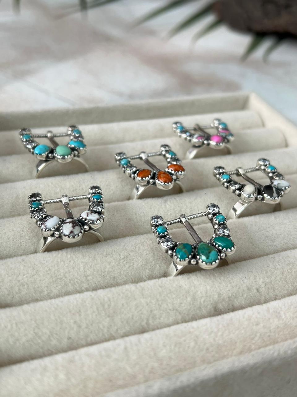 Handmade Sterling Silver Multi Stone Adjustable Buckle Ring " Signed Nizhoni"