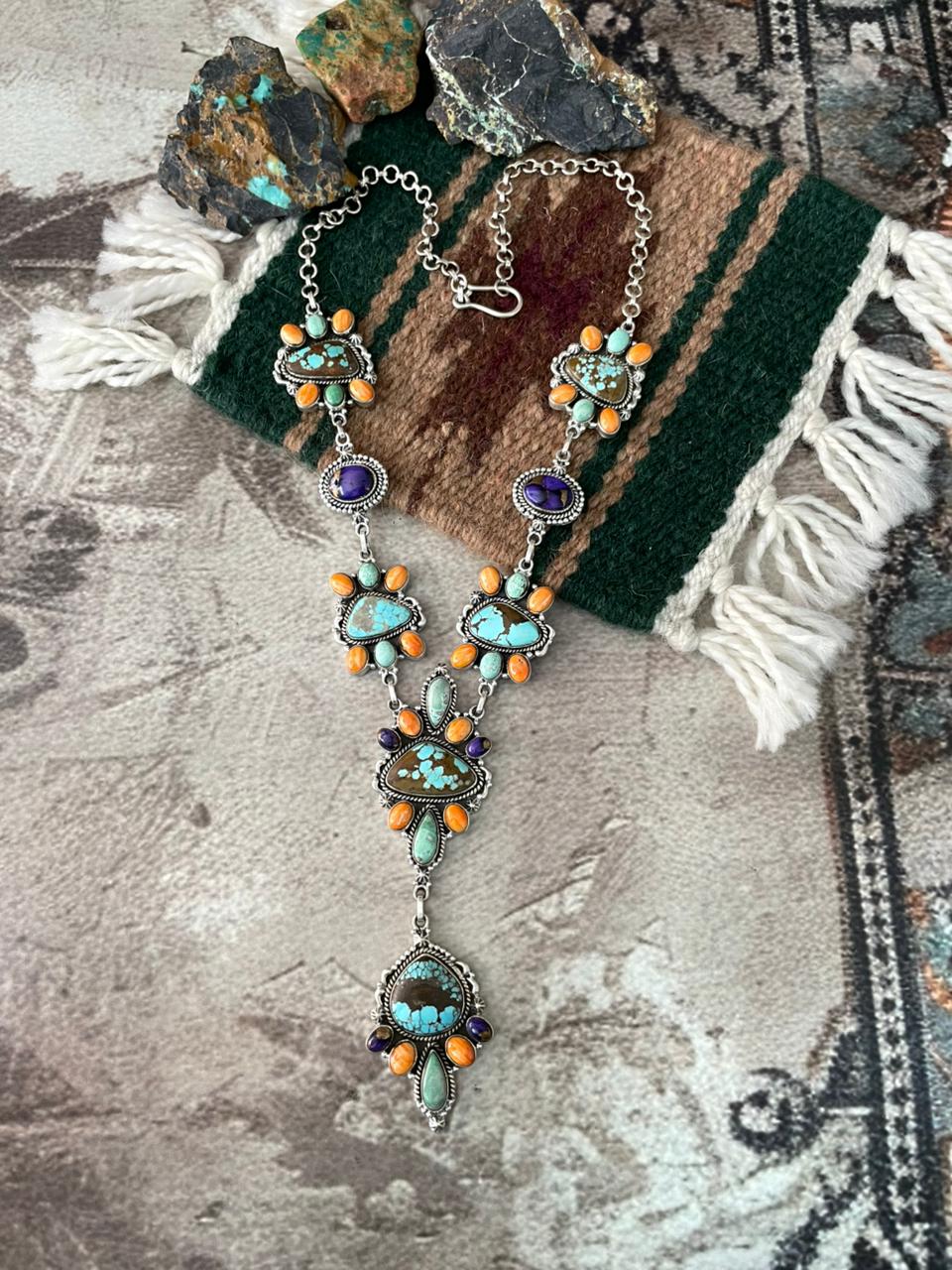 Handmade Sterling Silver Orange Oyster with Grape Dahlia, Number 8 and Variscite Necklace "Signed Nizhoni"